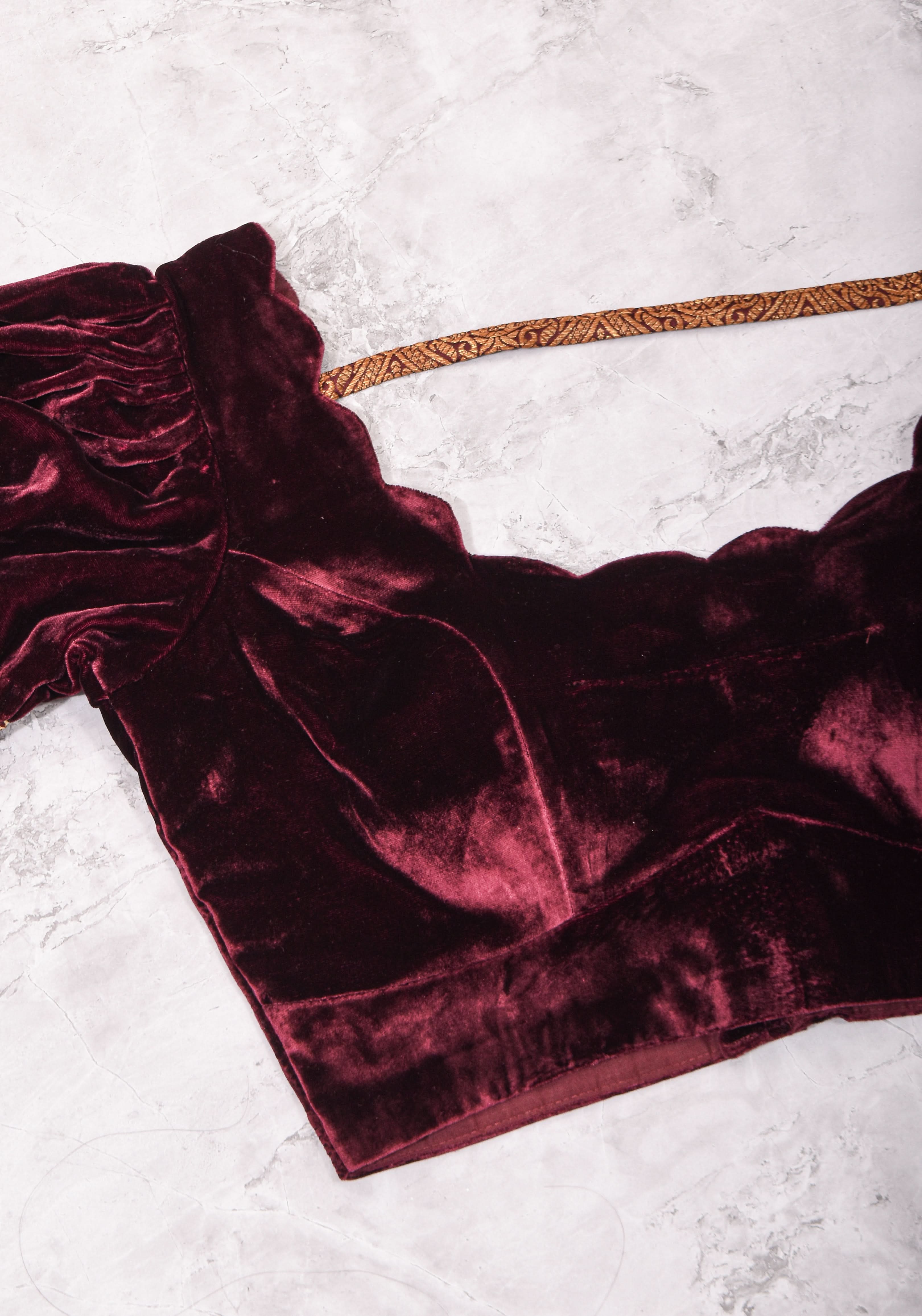 Made To Order: Pure Silk Velvet Scallop neck blouse with pure silk sleevs puff detailing | Shobitam