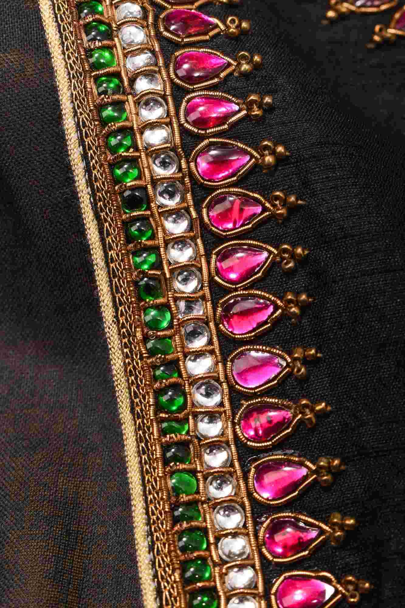 Statement Black Halter Neck Pure Raw Silk Blouse with Kemp Handwork Mandala, Made to Order