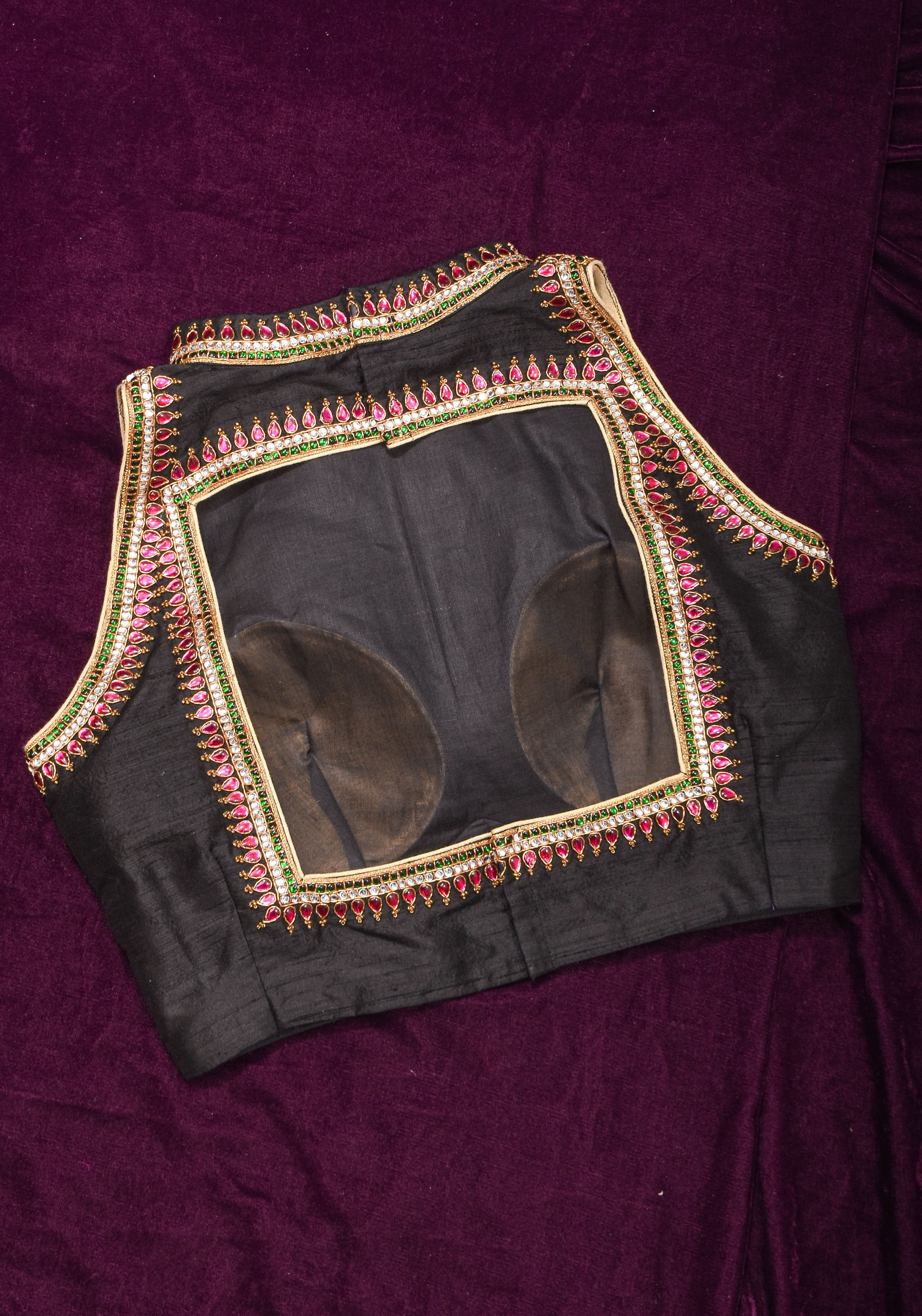 Statement Black Halter Neck Pure Raw Silk Blouse with Kemp Handwork Mandala, Made to Order | Shobitam