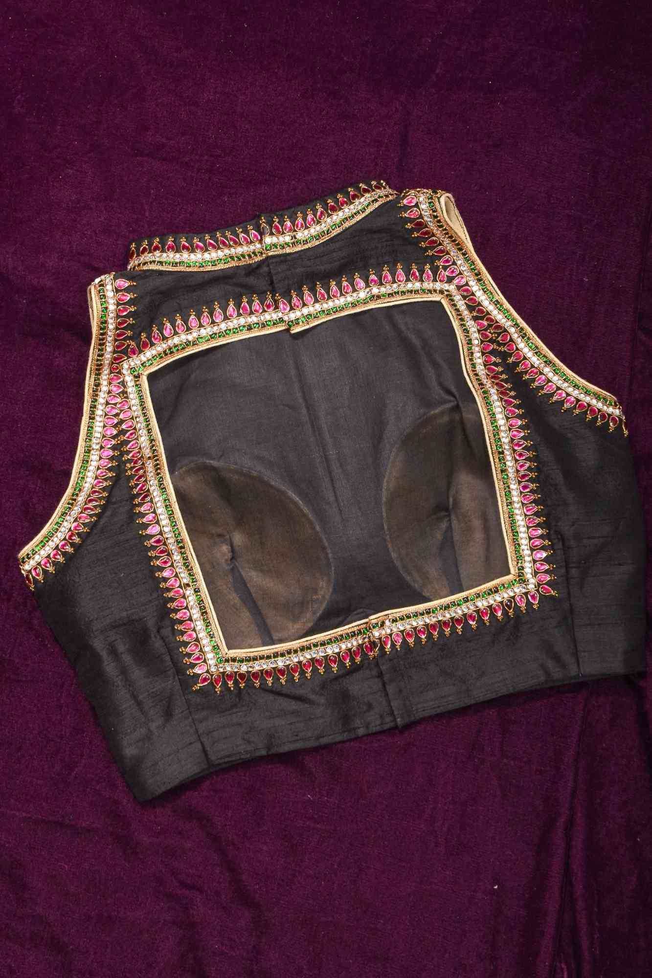 Statement Black Halter Neck Pure Raw Silk Blouse with Kemp Handwork Mandala, Made to Order