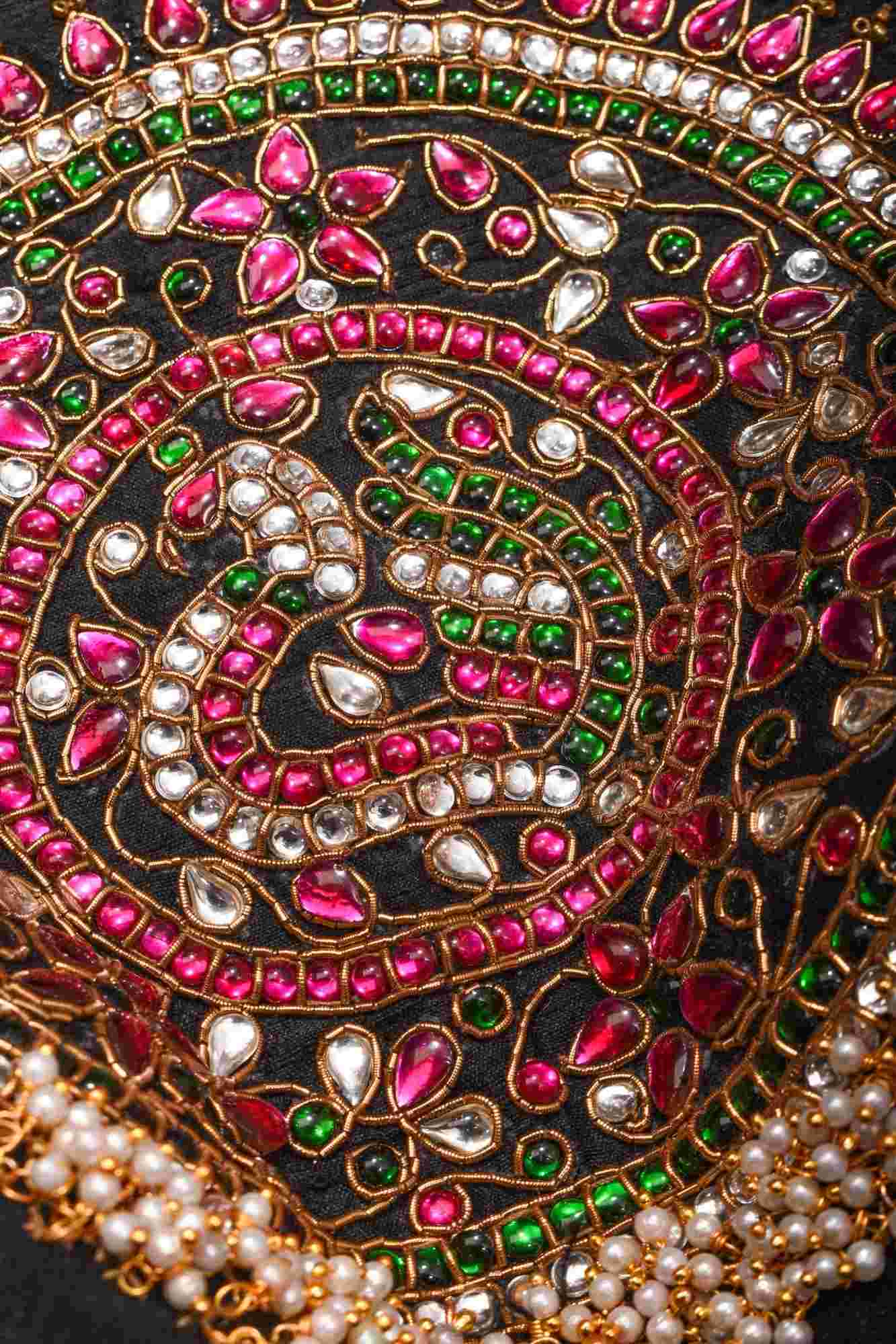 Statement Black Halter Neck Pure Raw Silk Blouse with Kemp Handwork Mandala, Made to Order