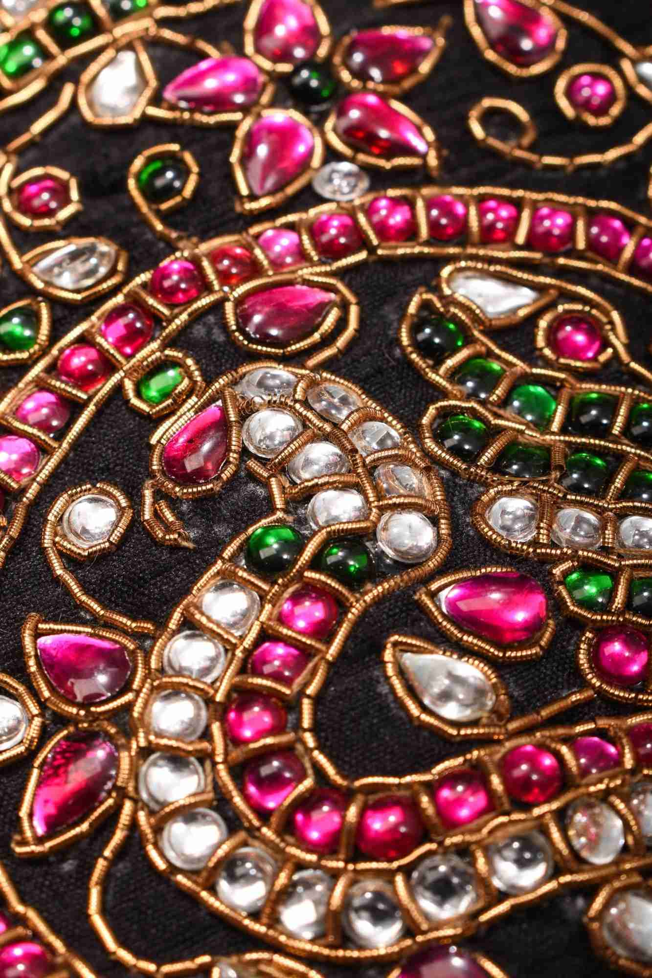 Statement Black Halter Neck Pure Raw Silk Blouse with Kemp Handwork Mandala, Made to Order