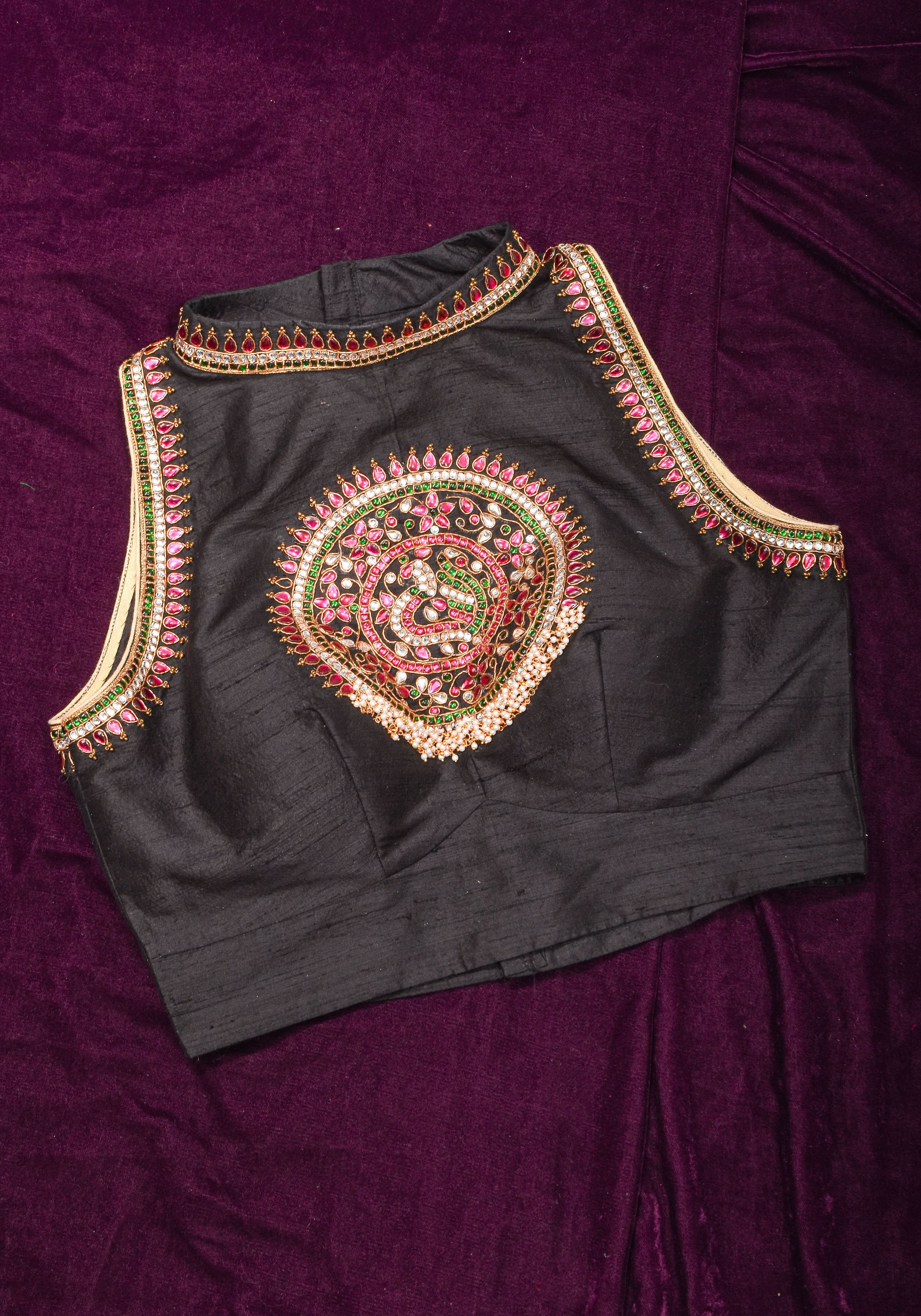 Statement Black Halter Neck Pure Raw Silk Blouse with Kemp Handwork Mandala, Made to Order | Shobitam