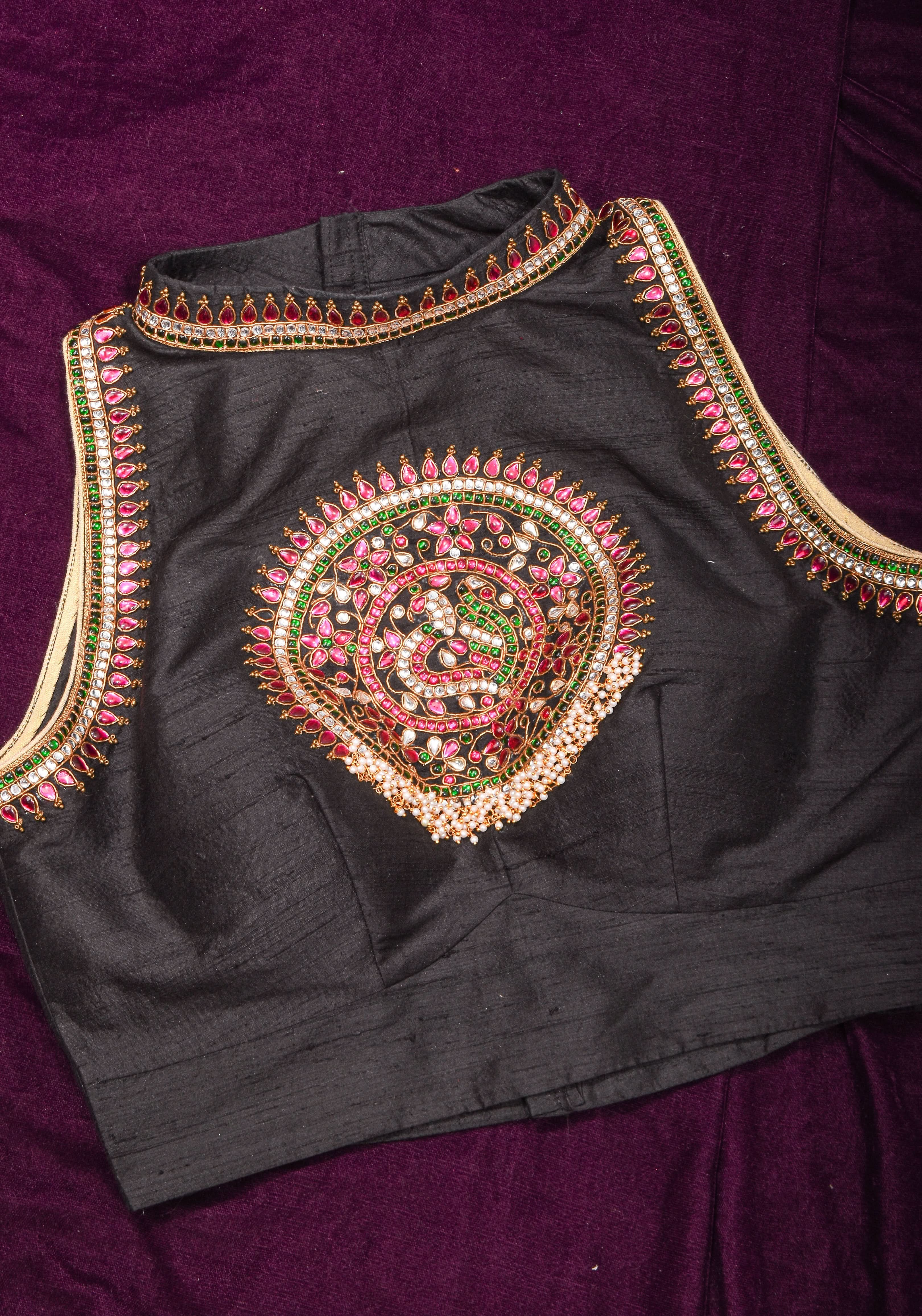 Statement Black Halter Neck Pure Raw Silk Blouse with Kemp Handwork Mandala, Made to Order | Shobitam