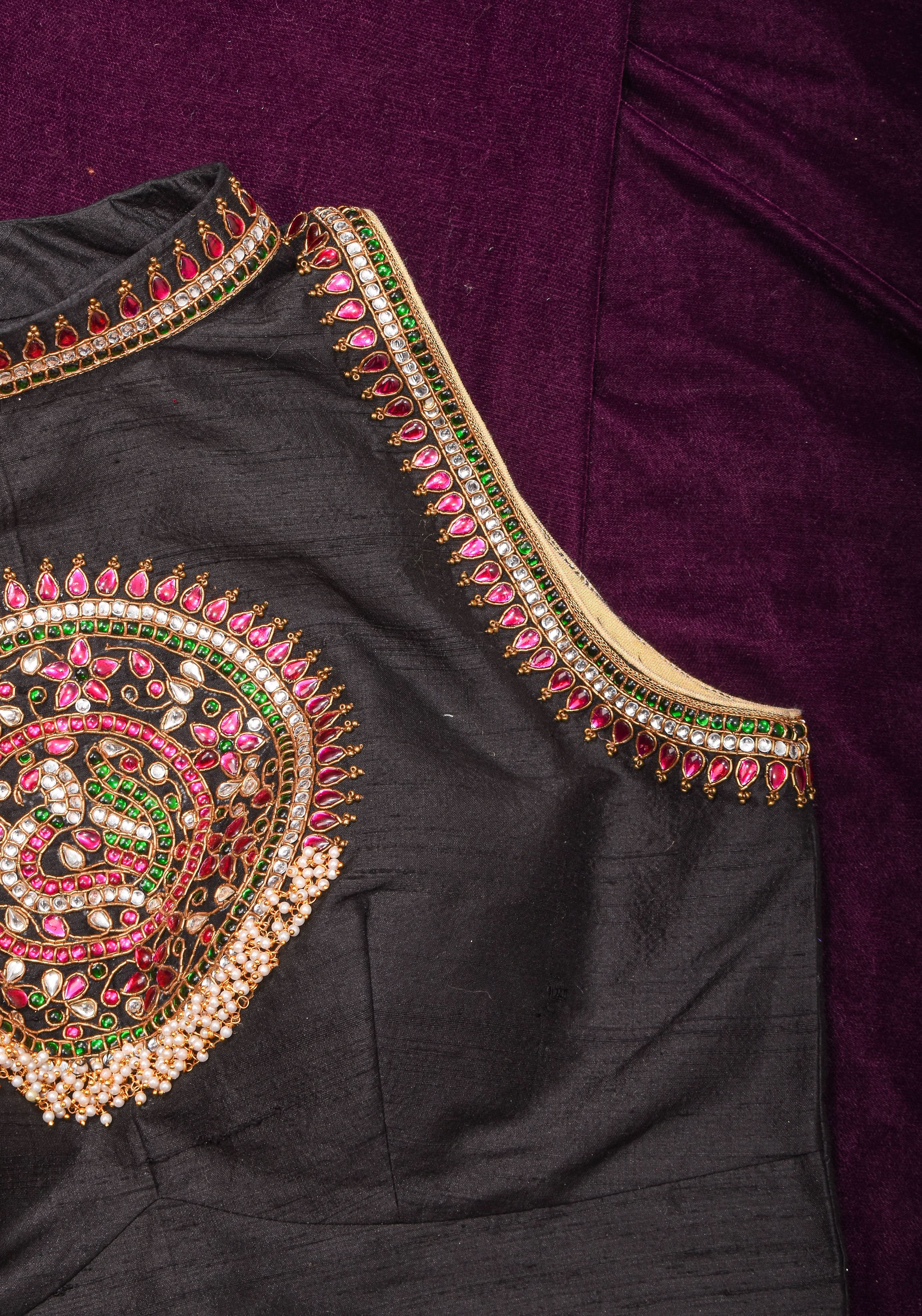 Statement Black Halter Neck Pure Raw Silk Blouse with Kemp Handwork Mandala, Made to Order | Shobitam