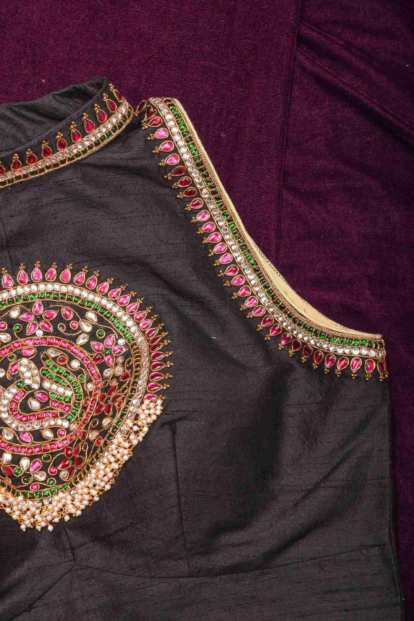 Statement Black Halter Neck Pure Raw Silk Blouse with Kemp Handwork Mandala, Made to Order