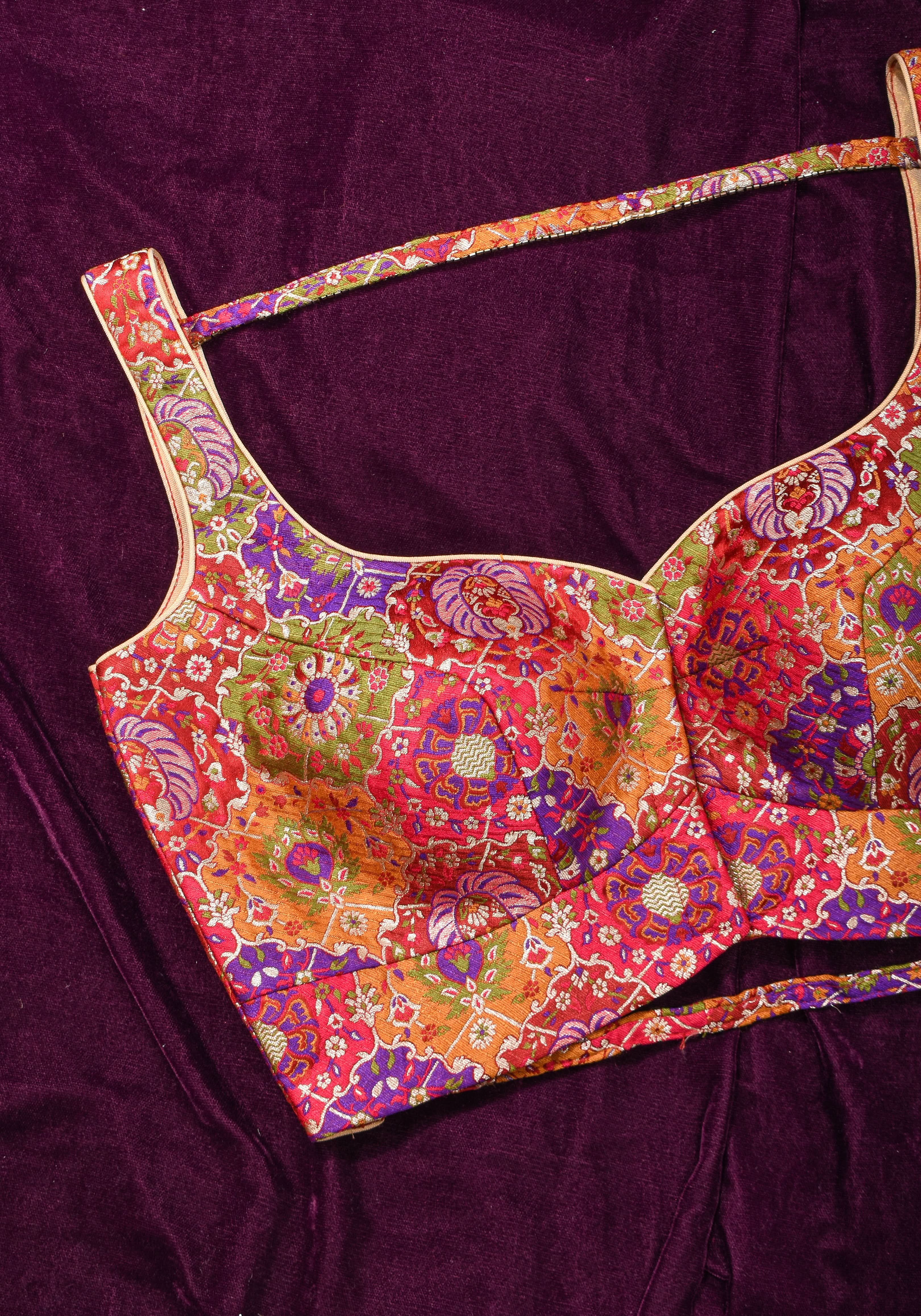 Made To Order: Banarasi Multicolor Brocade blouse with Cutdana Straps | Shobitam
