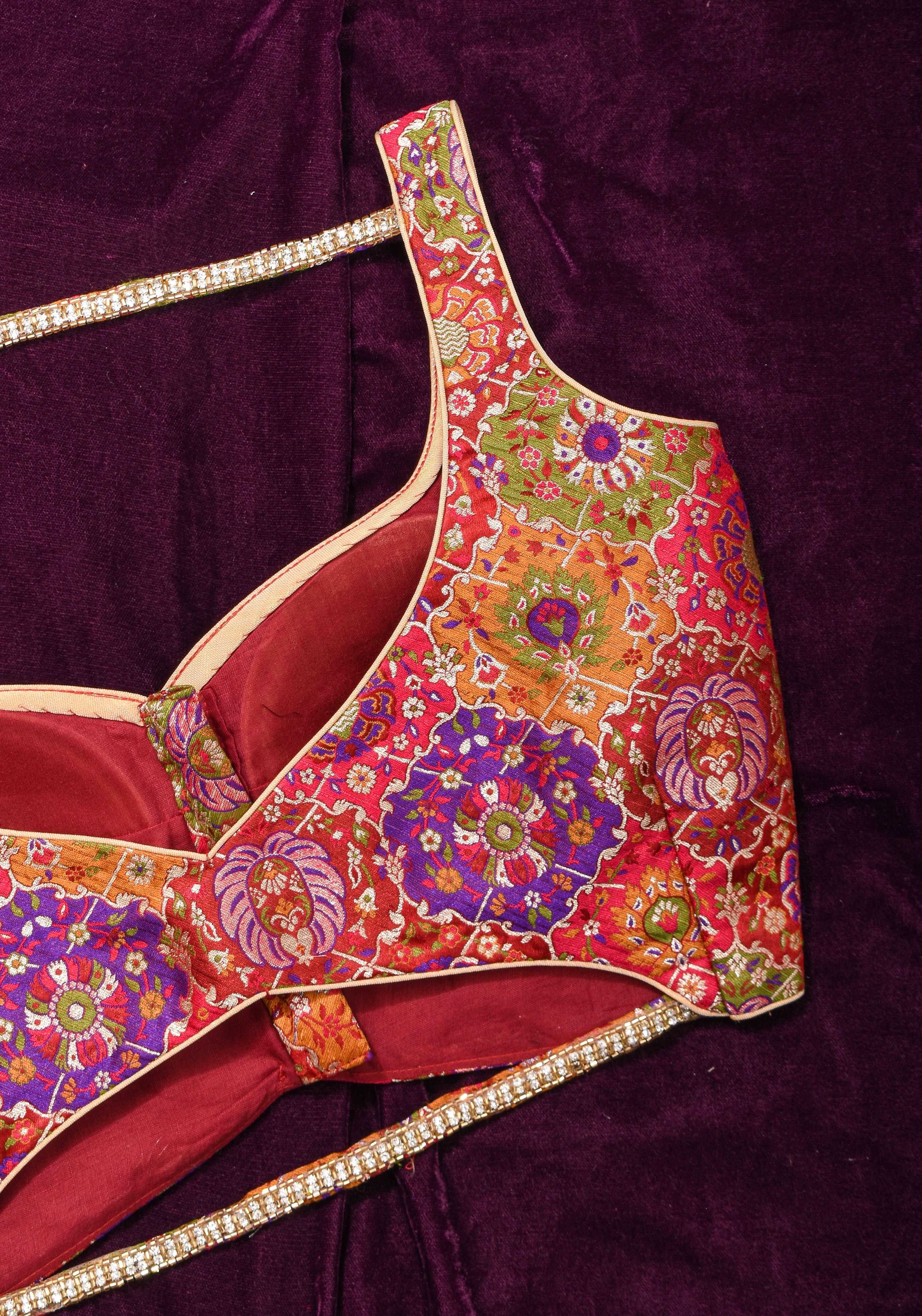 Made To Order: Banarasi Multicolor Brocade blouse with Cutdana Straps | Shobitam