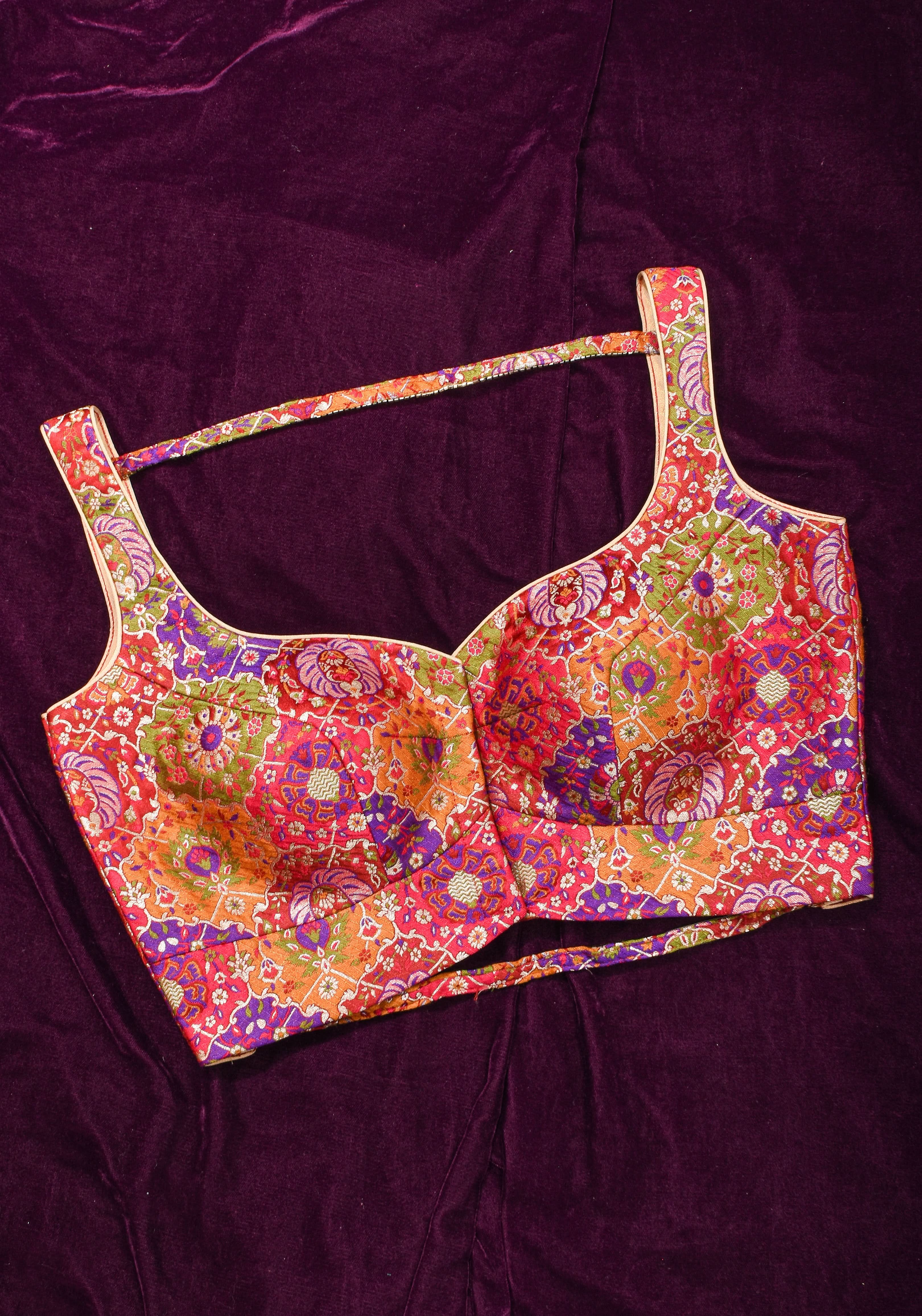 Made To Order: Banarasi Multicolor Brocade blouse with Cutdana Straps | Shobitam