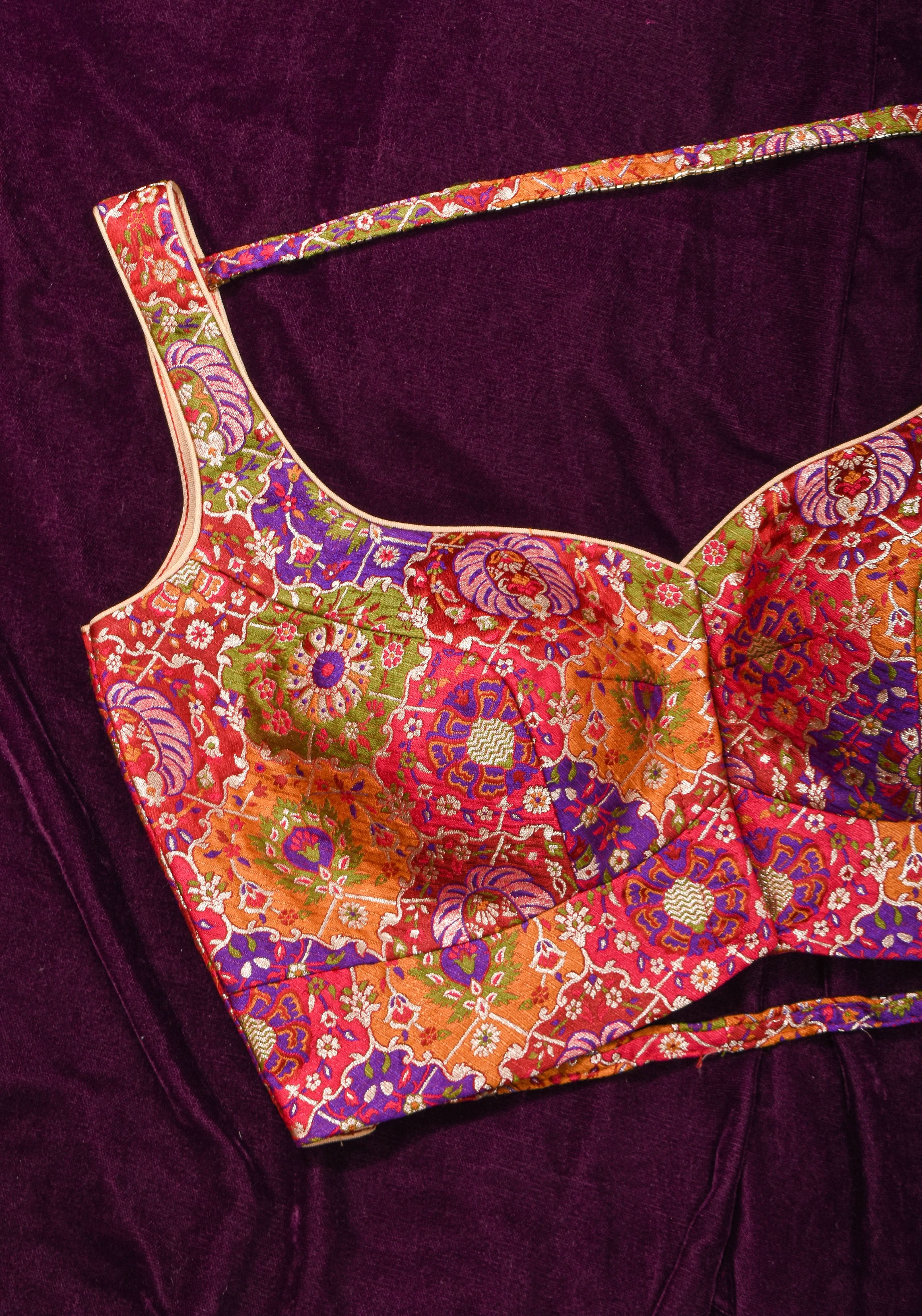 Made To Order: Banarasi Multicolor Brocade blouse with Cutdana Straps | Shobitam
