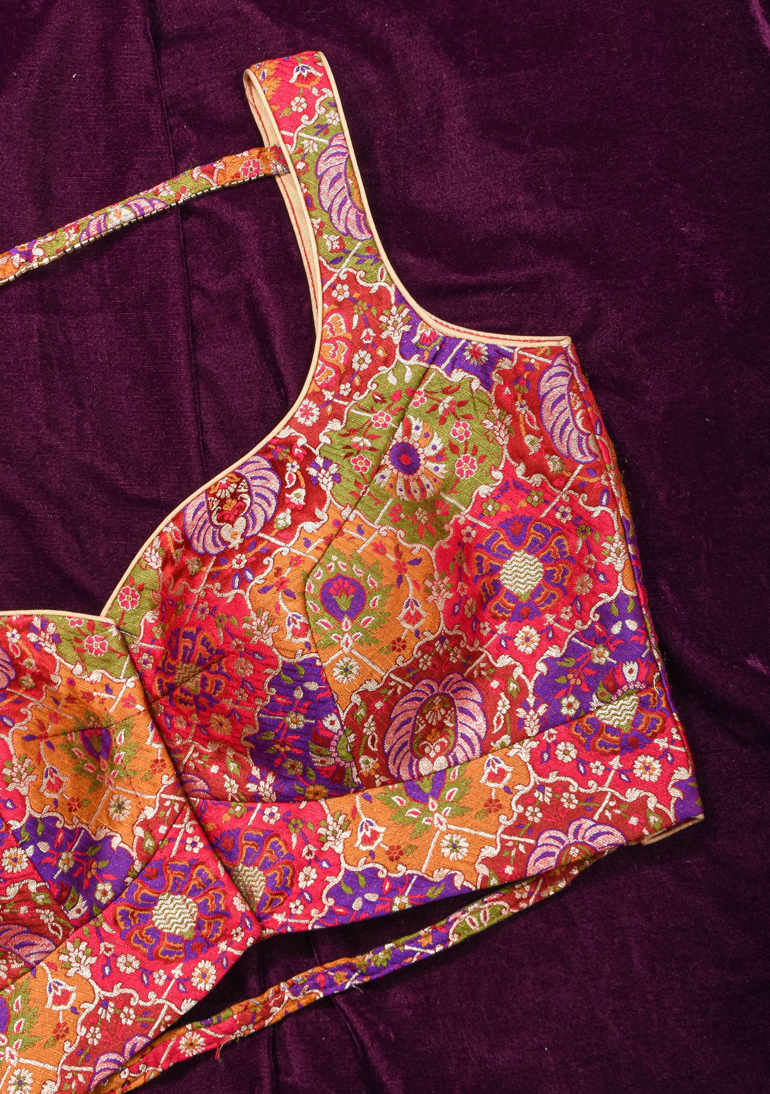 Made To Order: Banarasi Multicolor Brocade blouse with Cutdana Straps | Shobitam