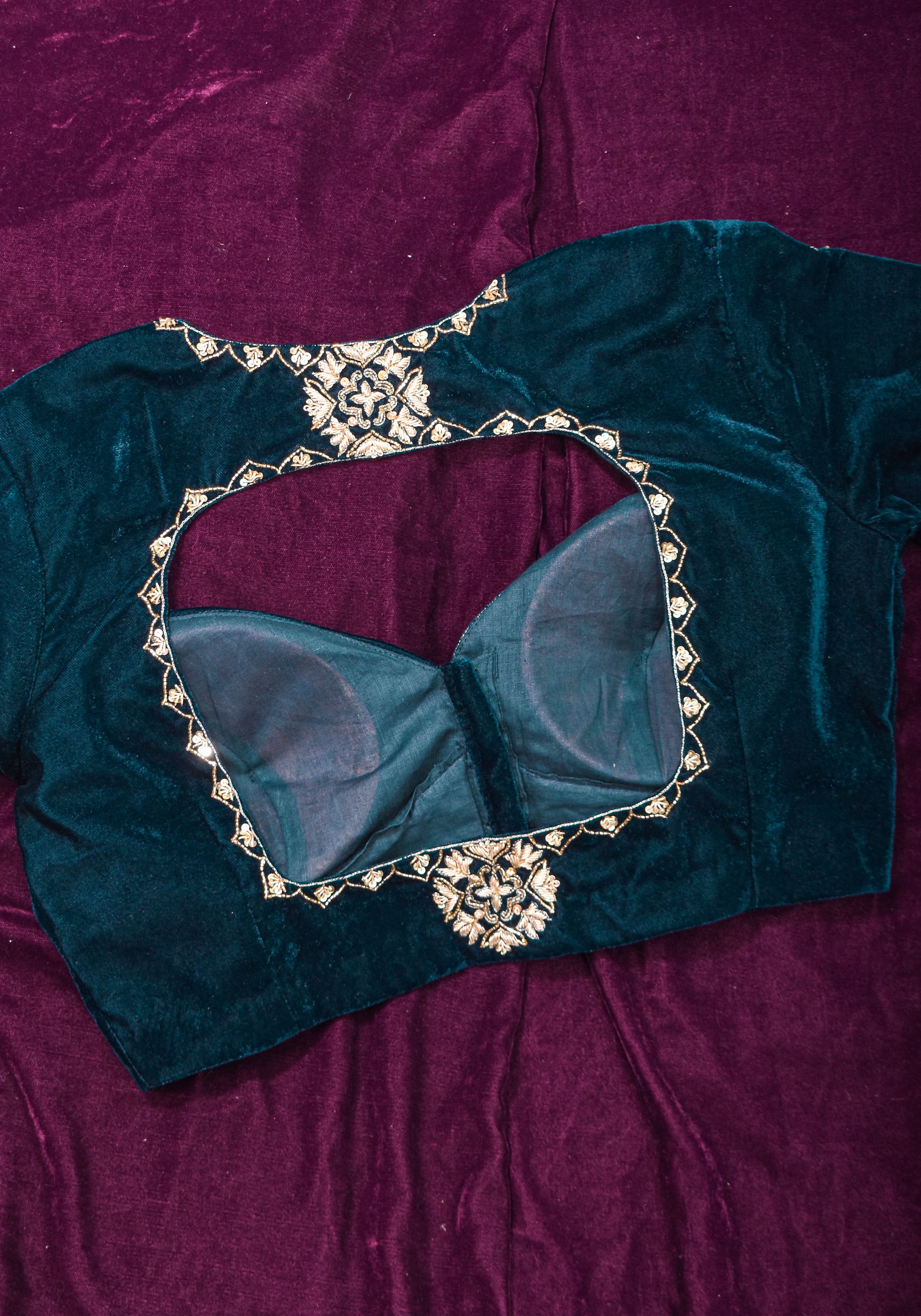 Made to Order: Dark Green Velvet Blouse with Embroidered and Glass Bead detailing | Shobitam