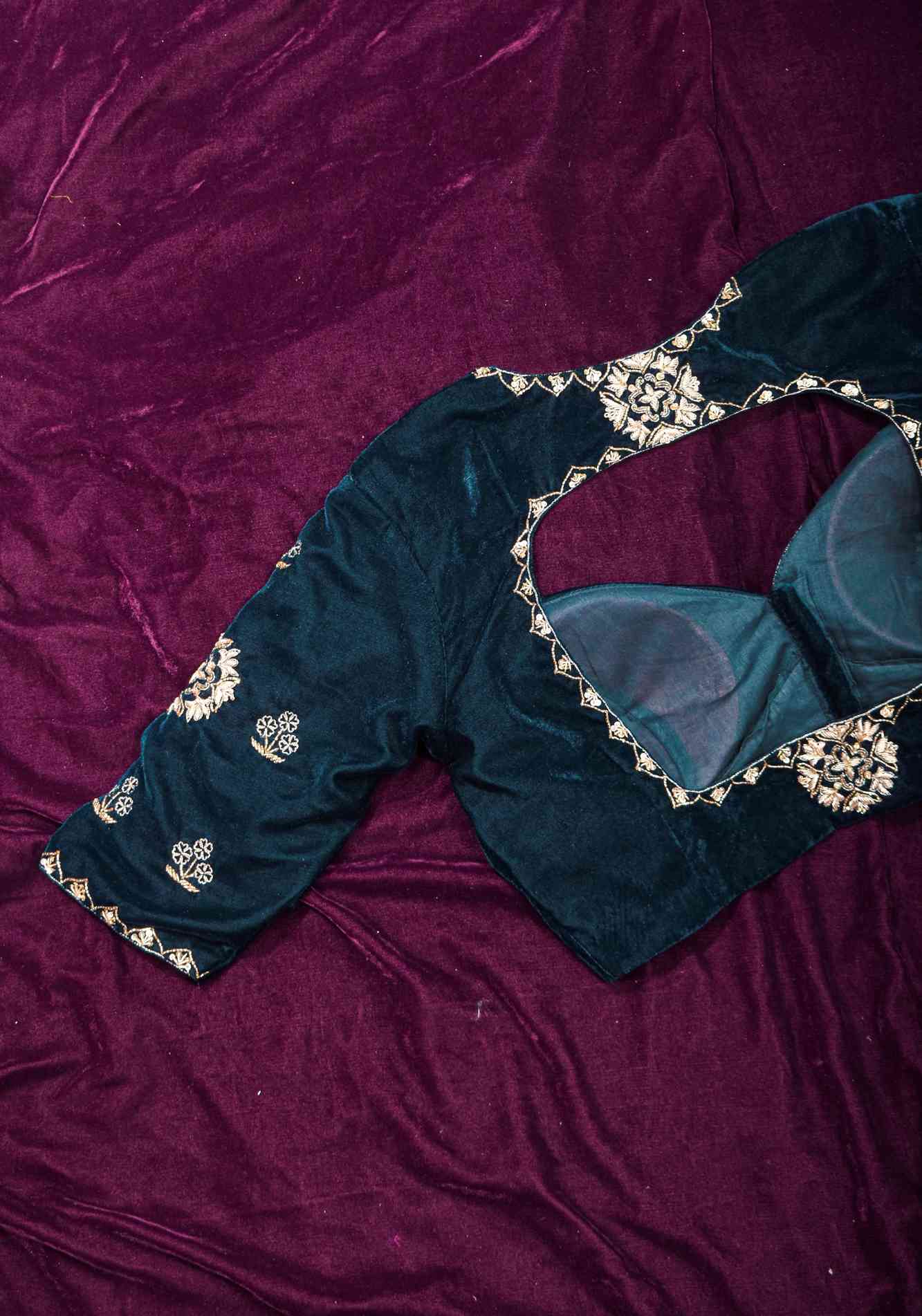 Made to Order: Dark Green Velvet Blouse with Embroidered and Glass Bead detailing