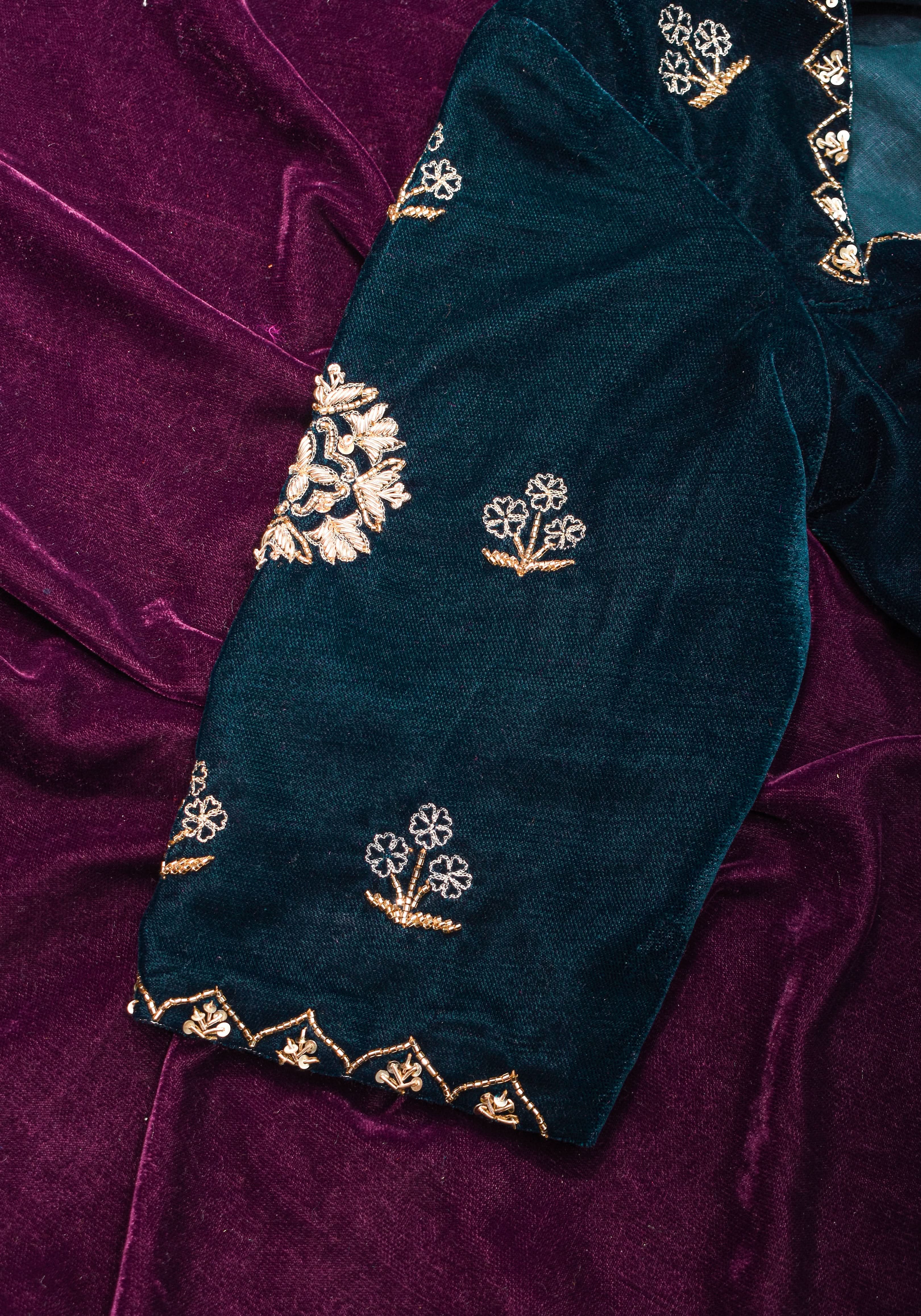 Made to Order: Dark Green Velvet Blouse with Embroidered and Glass Bead detailing | Shobitam