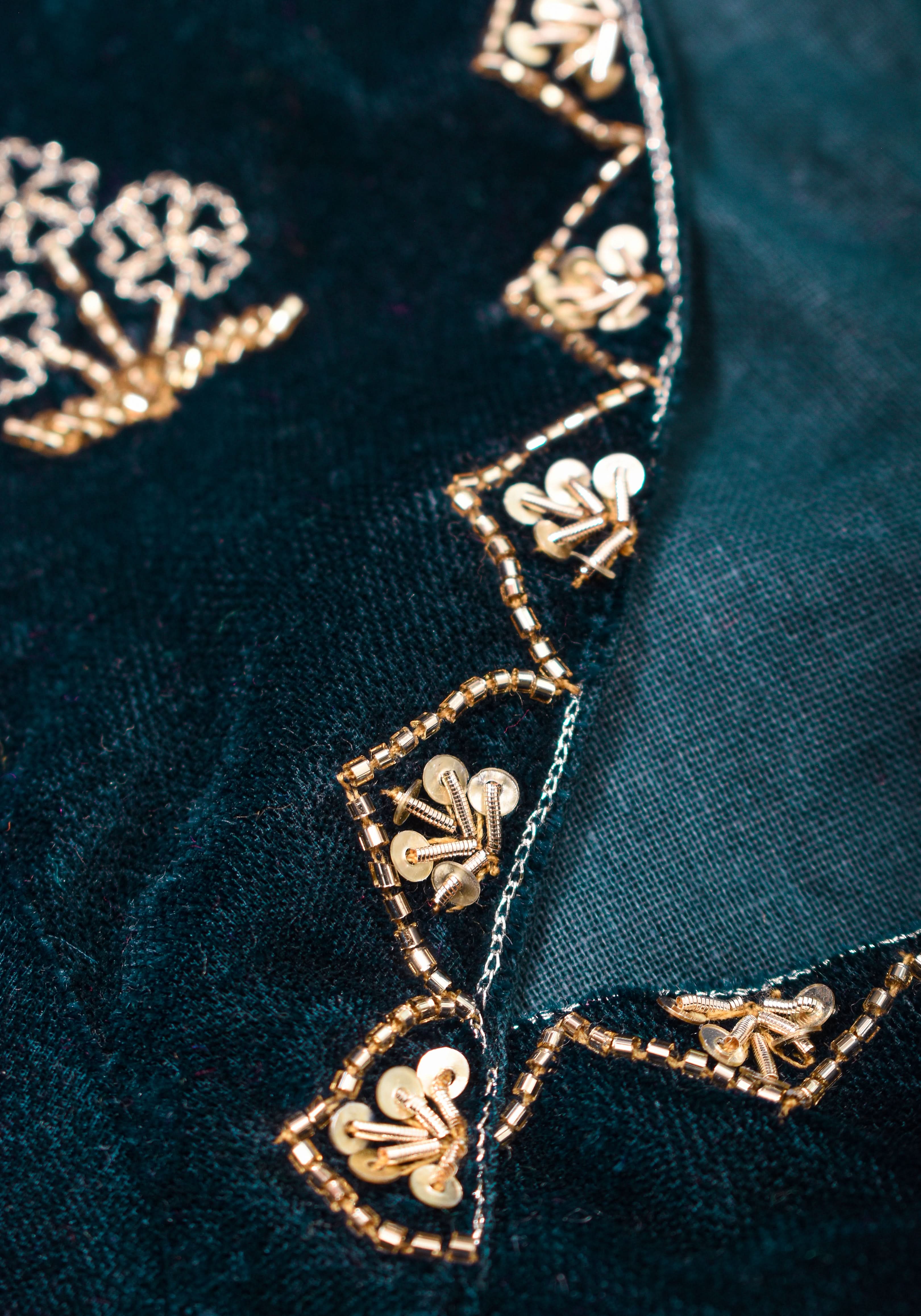 Made to Order: Dark Green Velvet Blouse with Embroidered and Glass Bead detailing | Shobitam