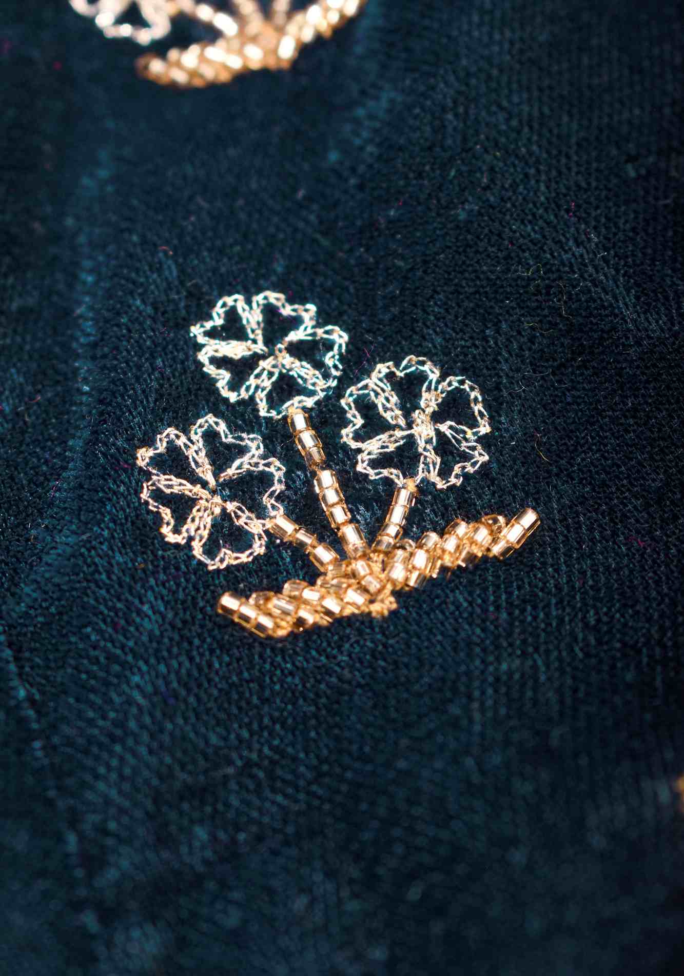 Made to Order: Dark Green Velvet Blouse with Embroidered and Glass Bead detailing