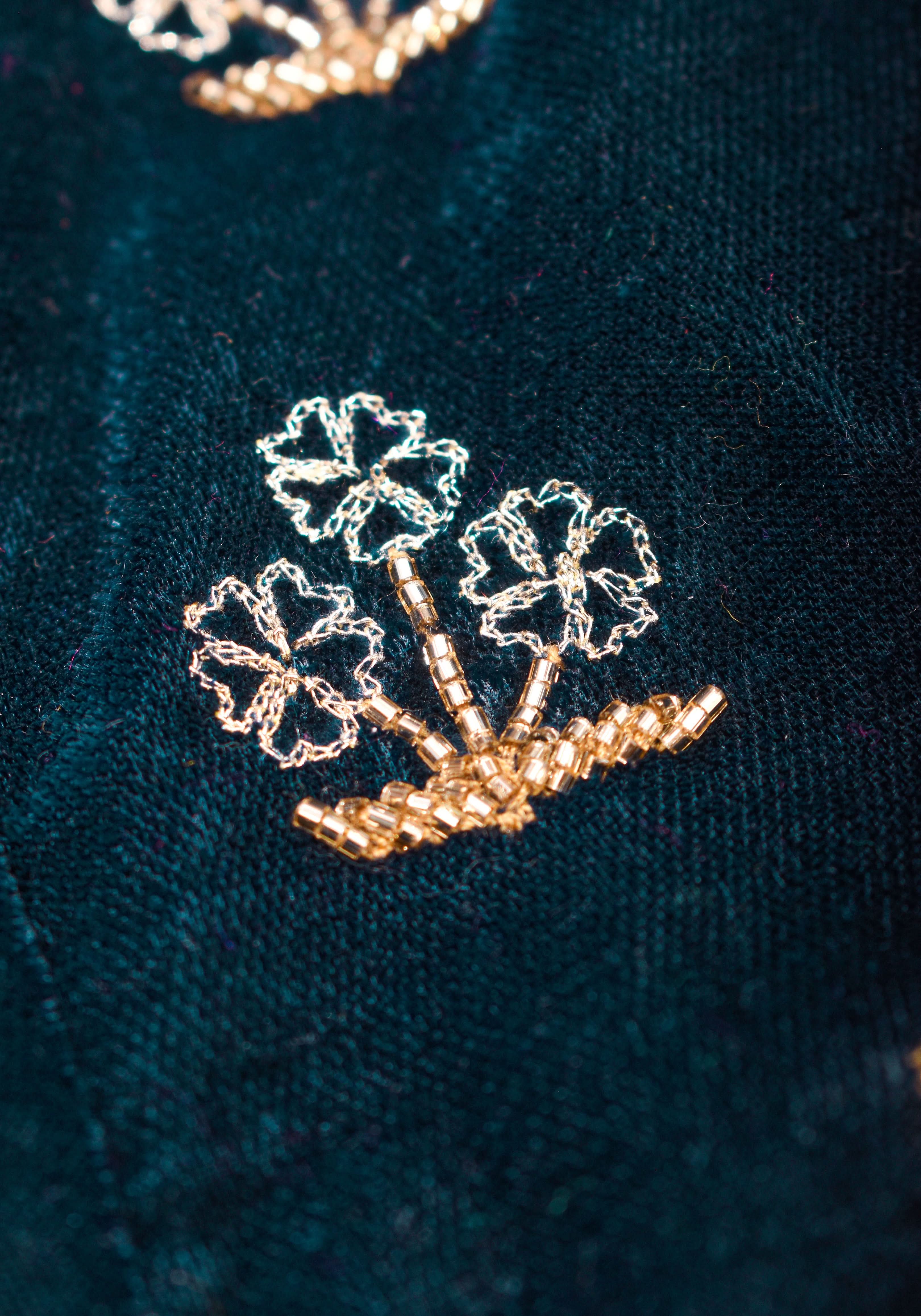 Made to Order: Dark Green Velvet Blouse with Embroidered and Glass Bead detailing | Shobitam