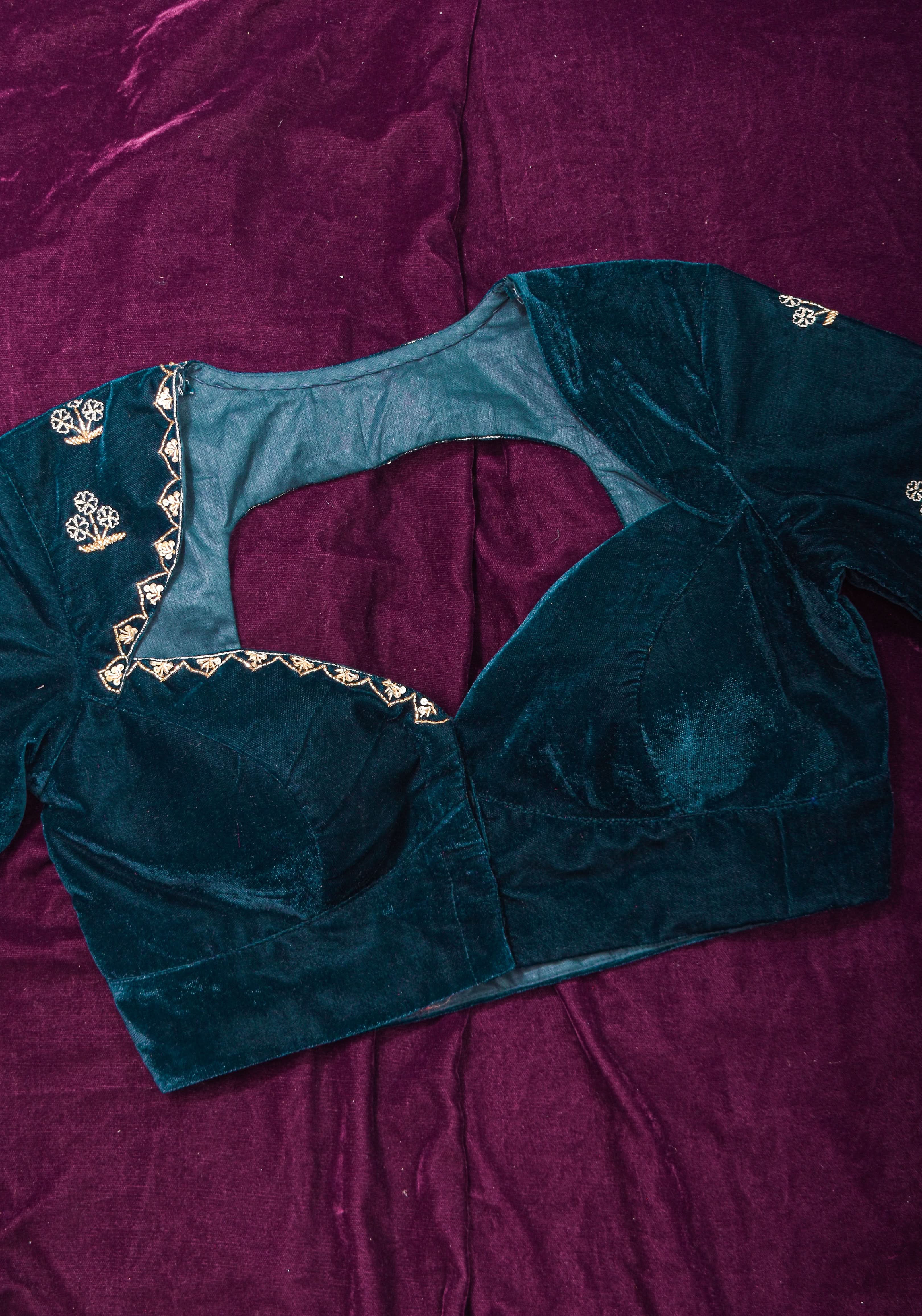 Made to Order: Dark Green Velvet Blouse with Embroidered and Glass Bead detailing | Shobitam