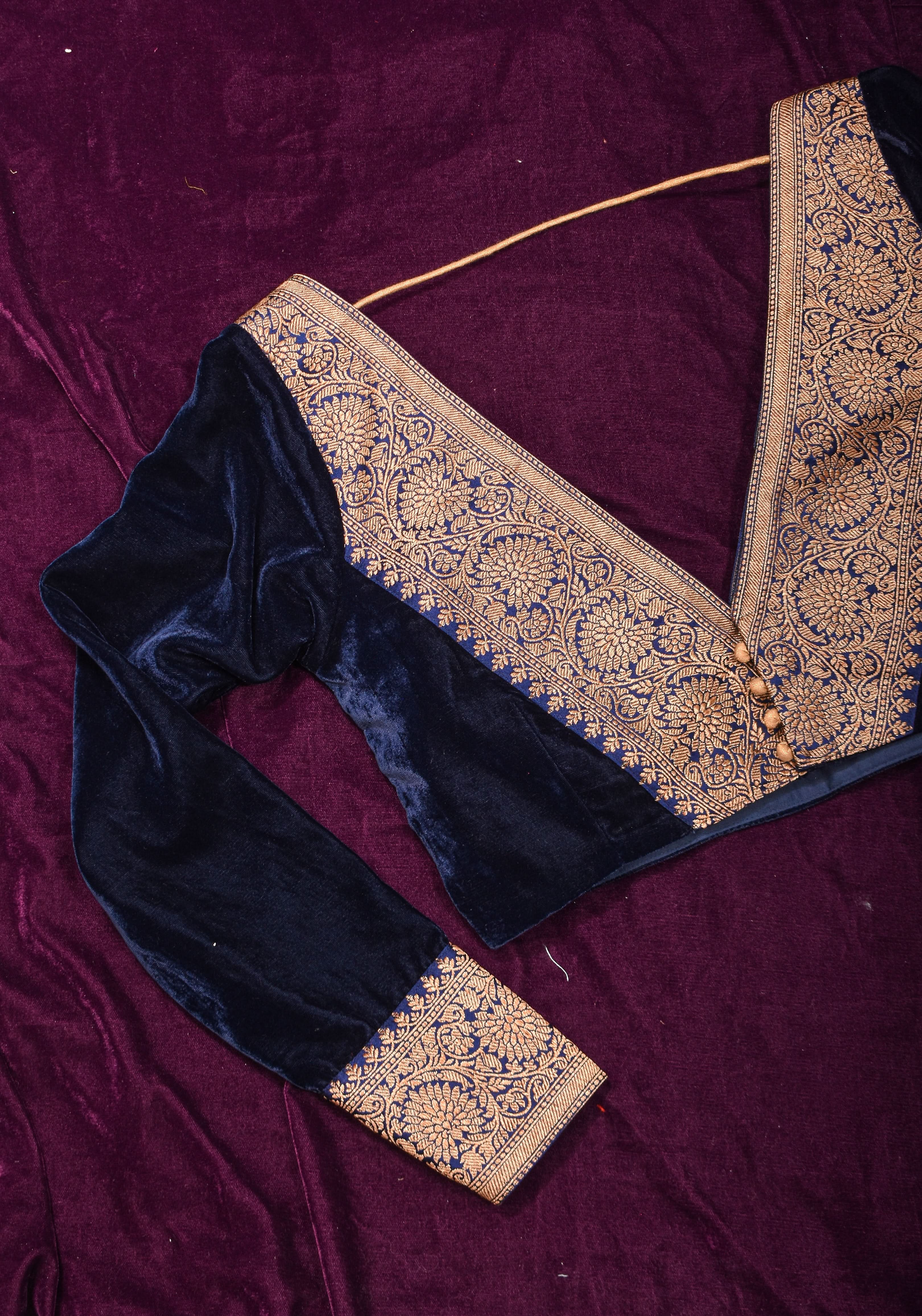 Midnight Blue Velvet Blouse with Antique Zari Plunge Neck Detailing, Made to Order | Shobitam