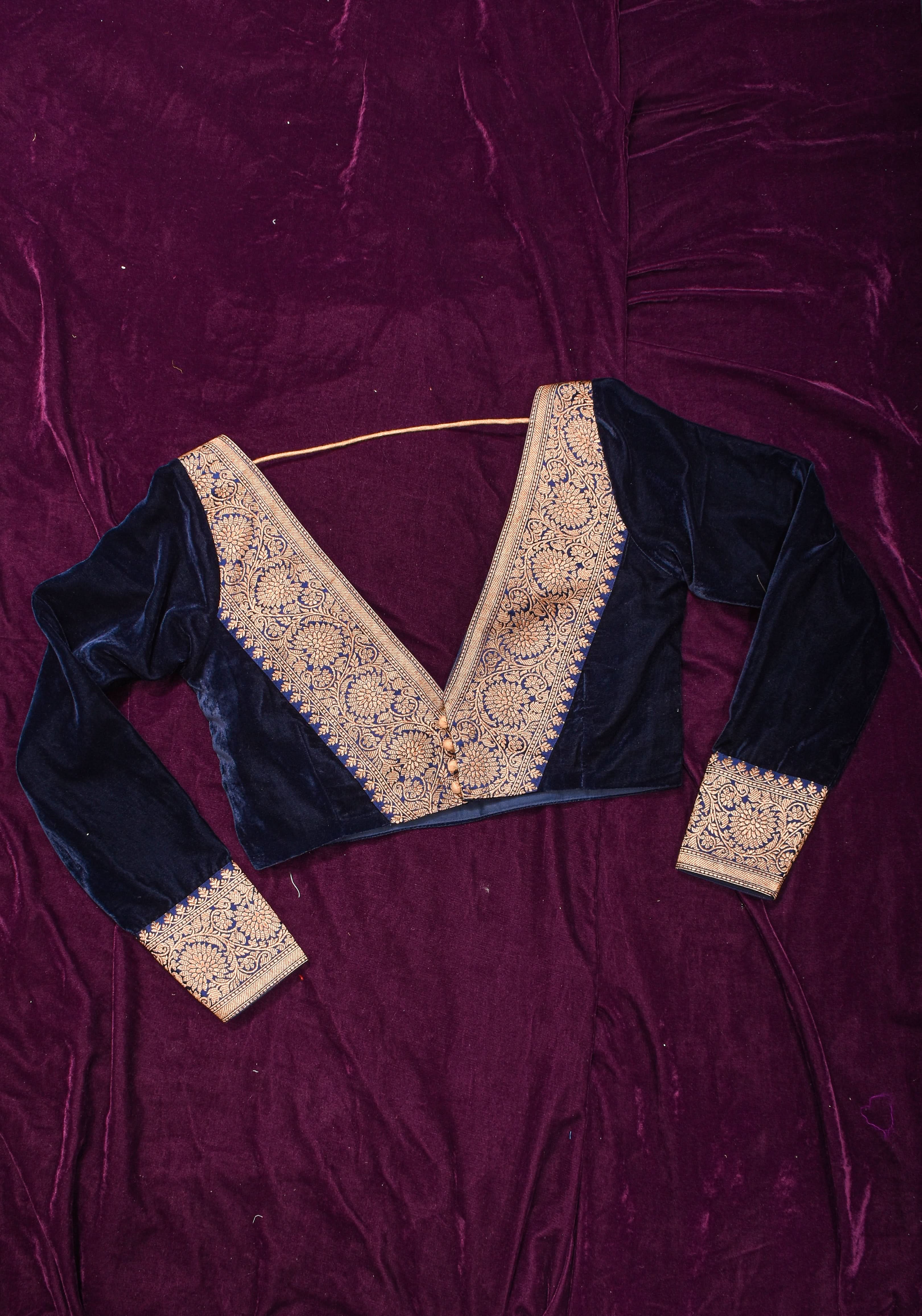 Midnight Blue Velvet Blouse with Antique Zari Plunge Neck Detailing, Made to Order | Shobitam