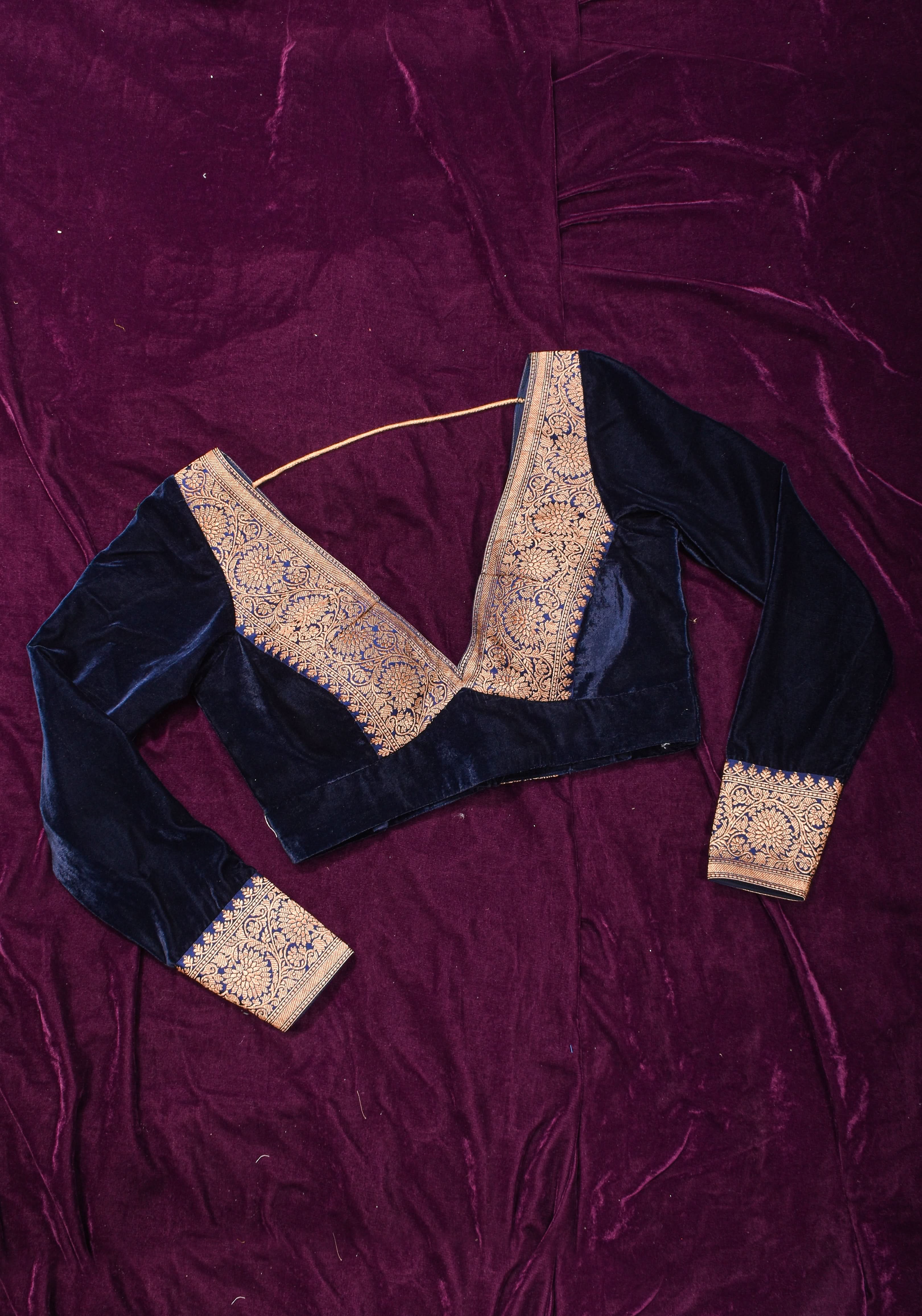 Midnight Blue Velvet Blouse with Antique Zari Plunge Neck Detailing, Made to Order | Shobitam