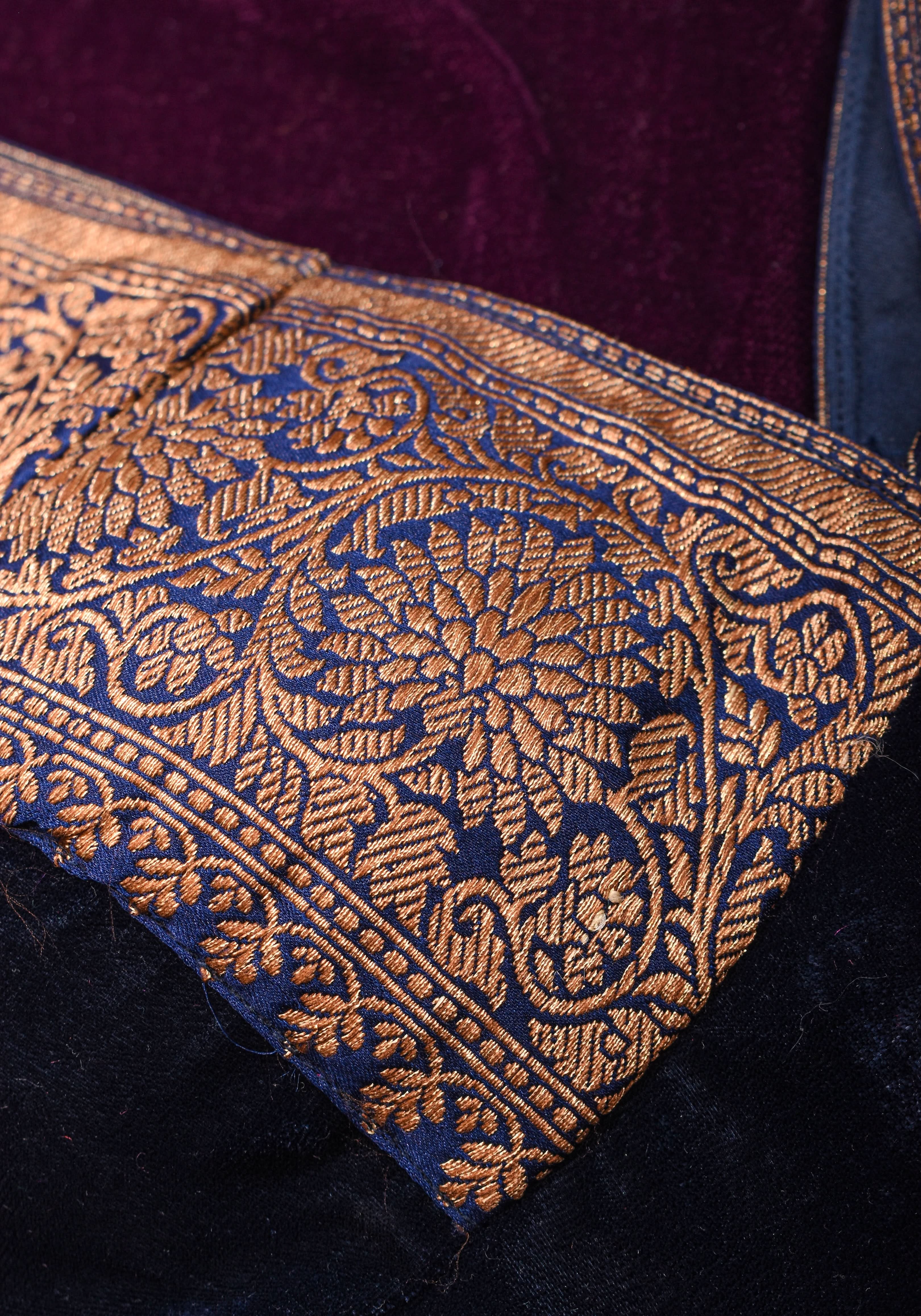 Midnight Blue Velvet Blouse with Antique Zari Plunge Neck Detailing, Made to Order | Shobitam