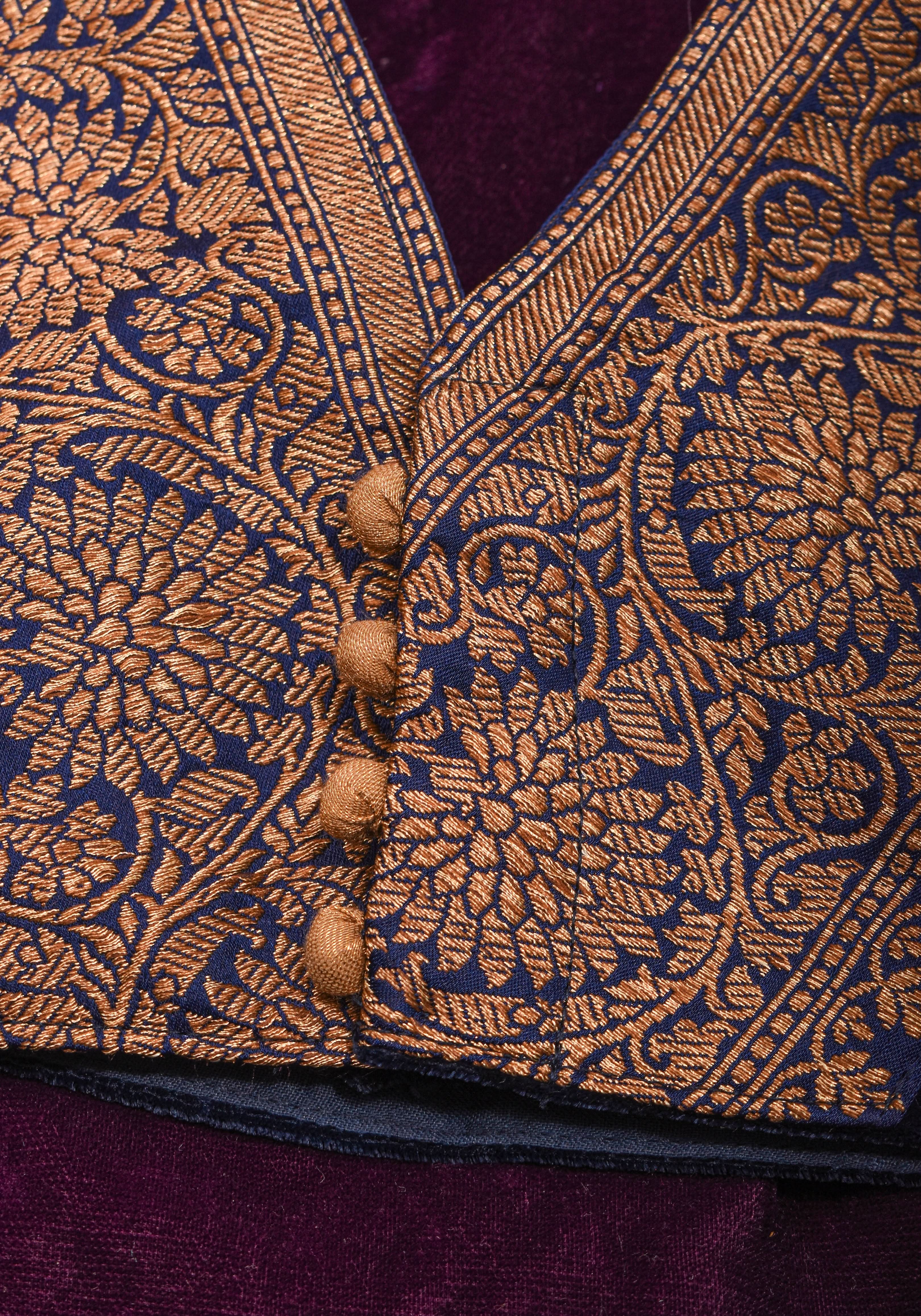Midnight Blue Velvet Blouse with Antique Zari Plunge Neck Detailing, Made to Order | Shobitam