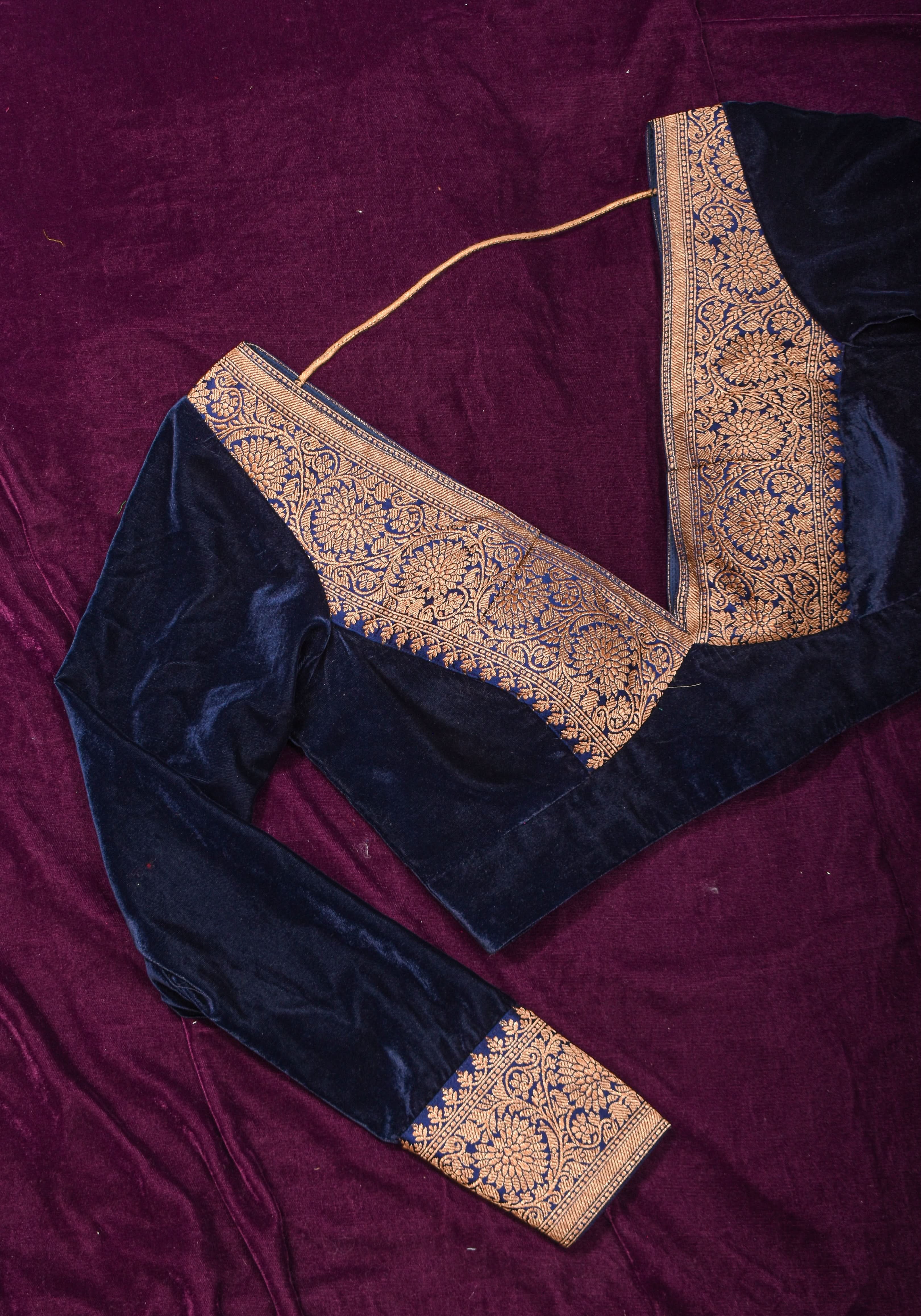Midnight Blue Velvet Blouse with Antique Zari Plunge Neck Detailing, Made to Order | Shobitam