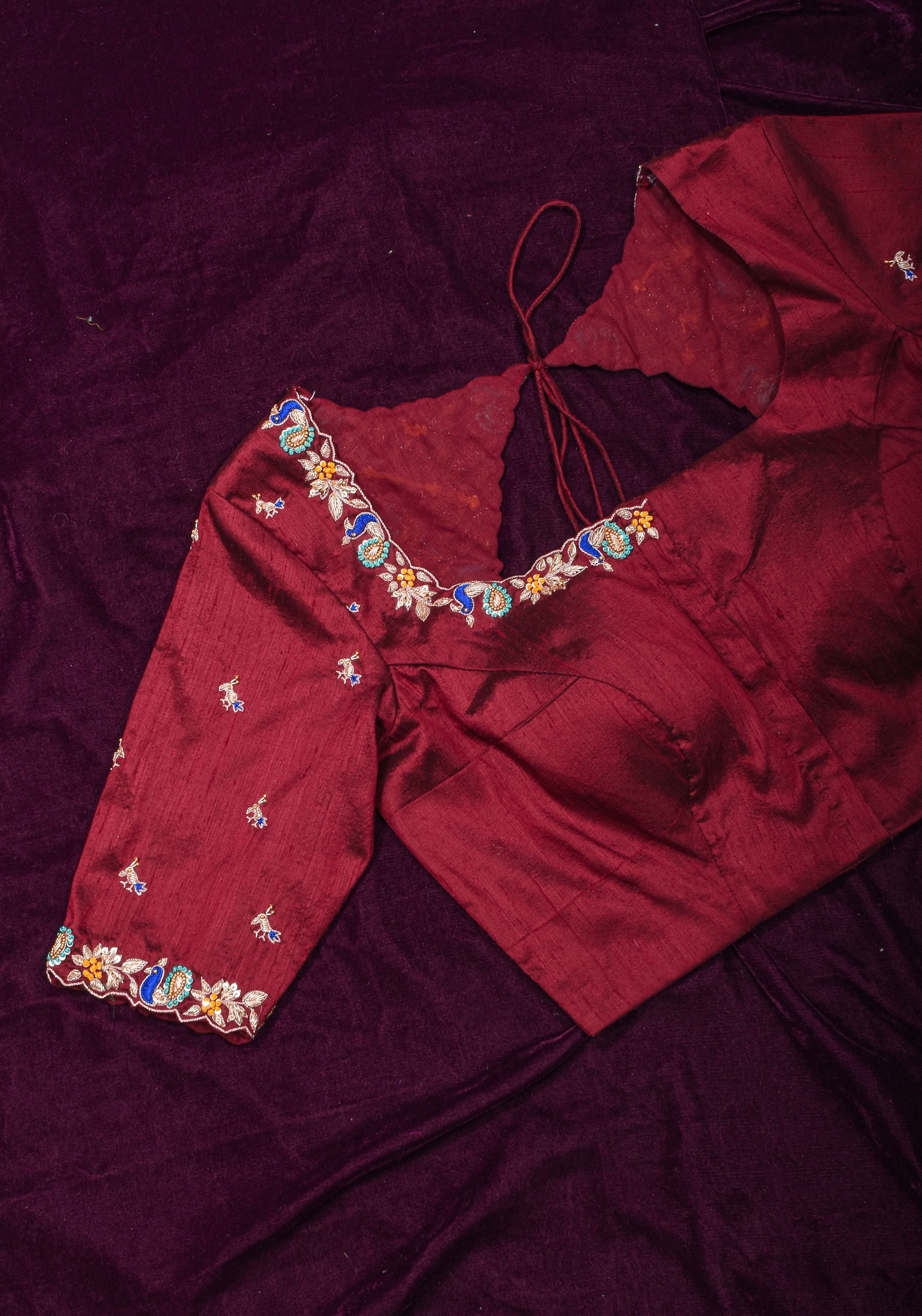 Made To Order: Maroon Pure Raw Silk Heavy Hand work Meenakari and Zardosi Peacock Design Blouse | Shobitam