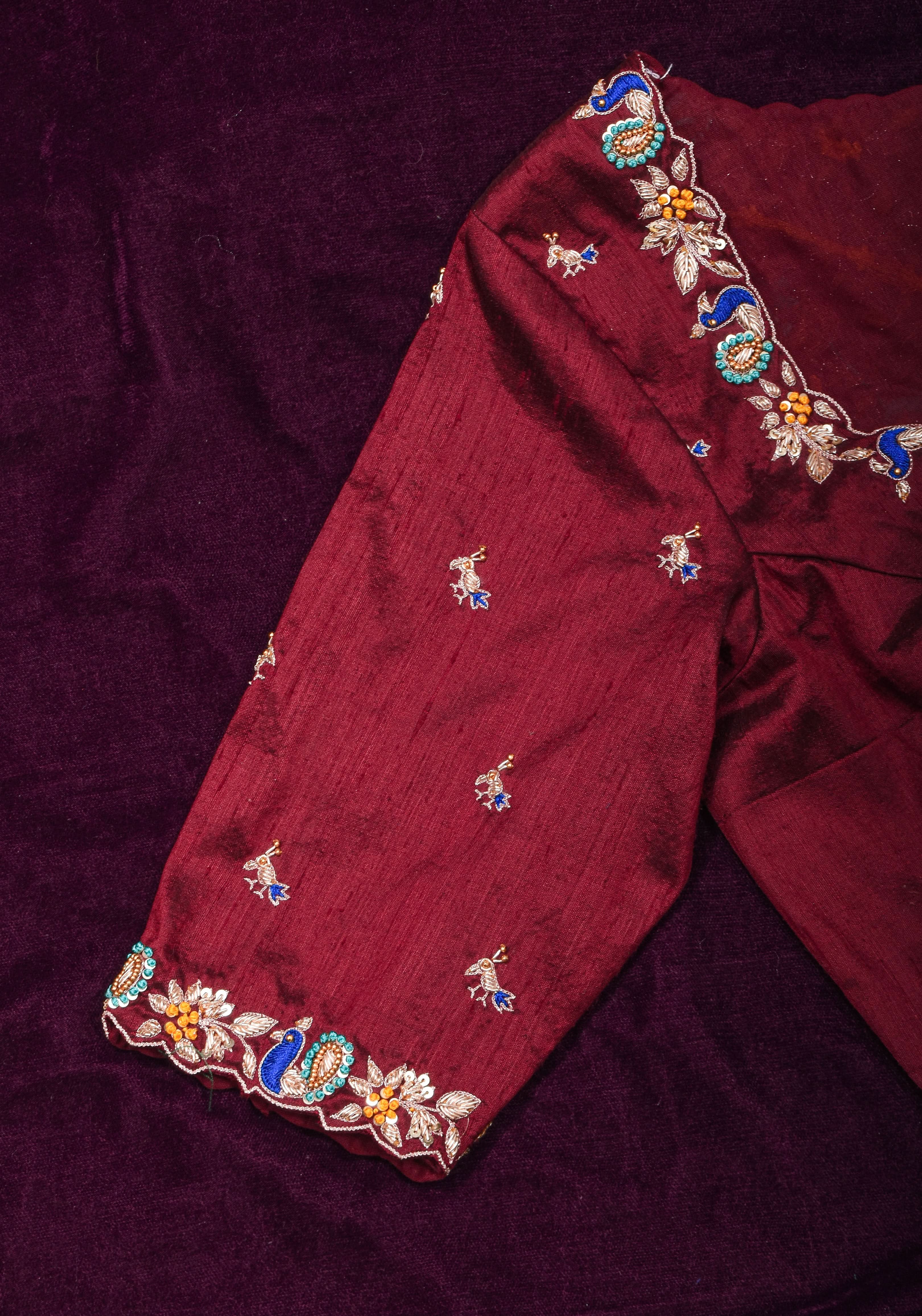 Made To Order: Maroon Pure Raw Silk Heavy Hand work Meenakari and Zardosi Peacock Design Blouse | Shobitam
