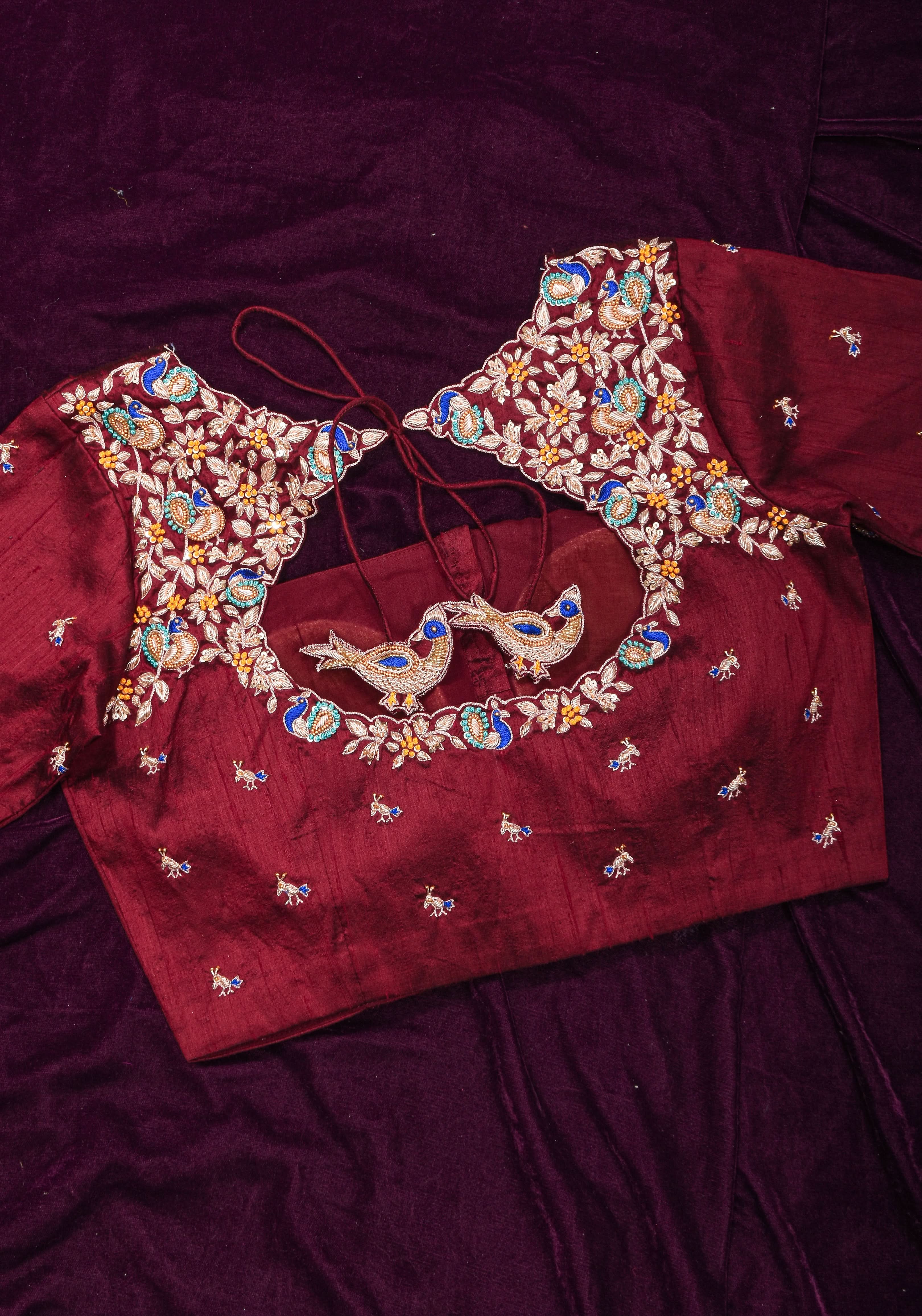 Made To Order: Maroon Pure Raw Silk Heavy Hand work Meenakari and Zardosi Peacock Design Blouse | Shobitam