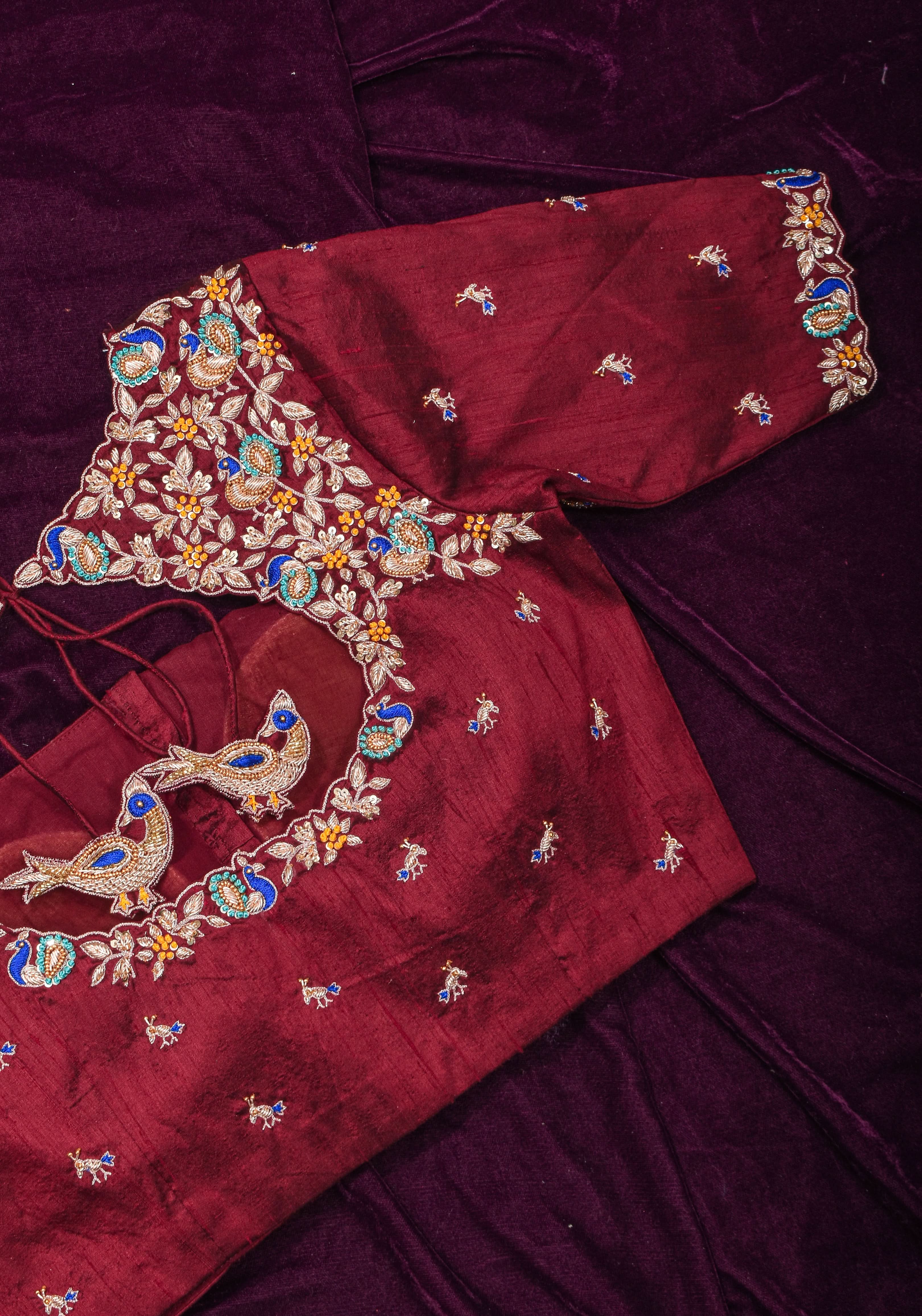 Made To Order: Maroon Pure Raw Silk Heavy Hand work Meenakari and Zardosi Peacock Design Blouse | Shobitam