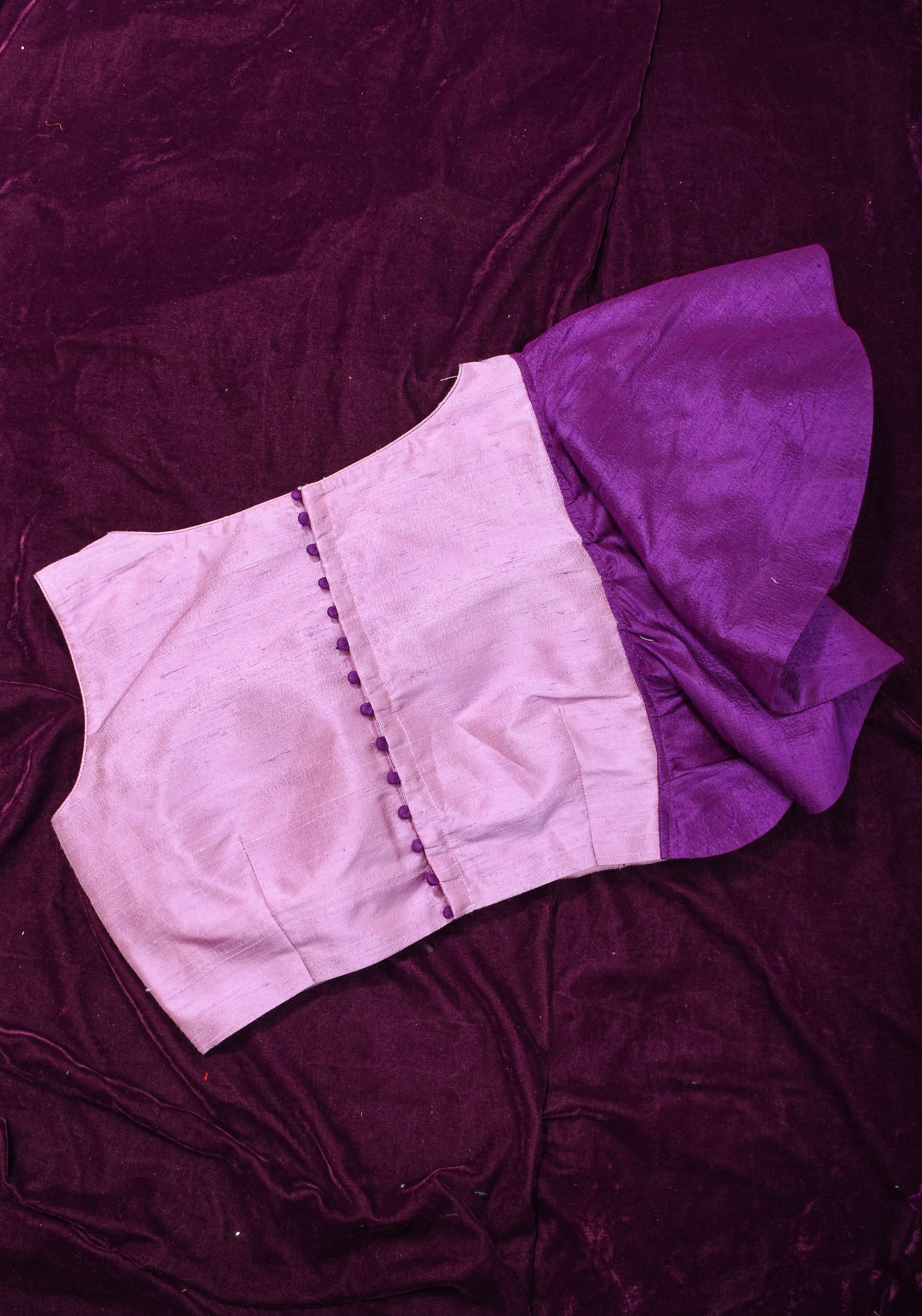 Two Color Pure Raw Sik One Side Ruffle Sleeve Blouse, Made to Order | Shobitam