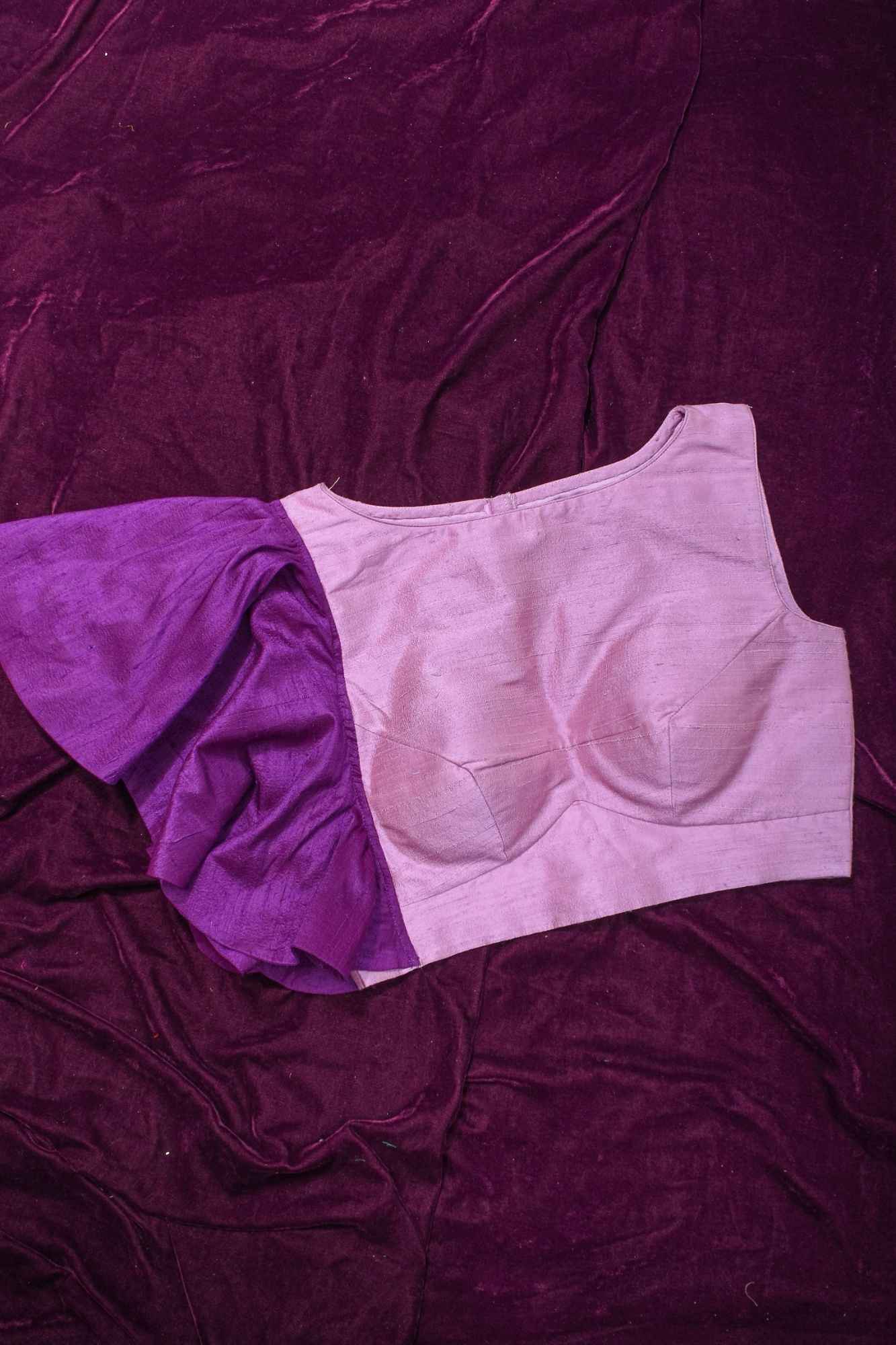 Two Color Pure Raw Sik One Side Ruffle Sleeve Blouse, Made to Order