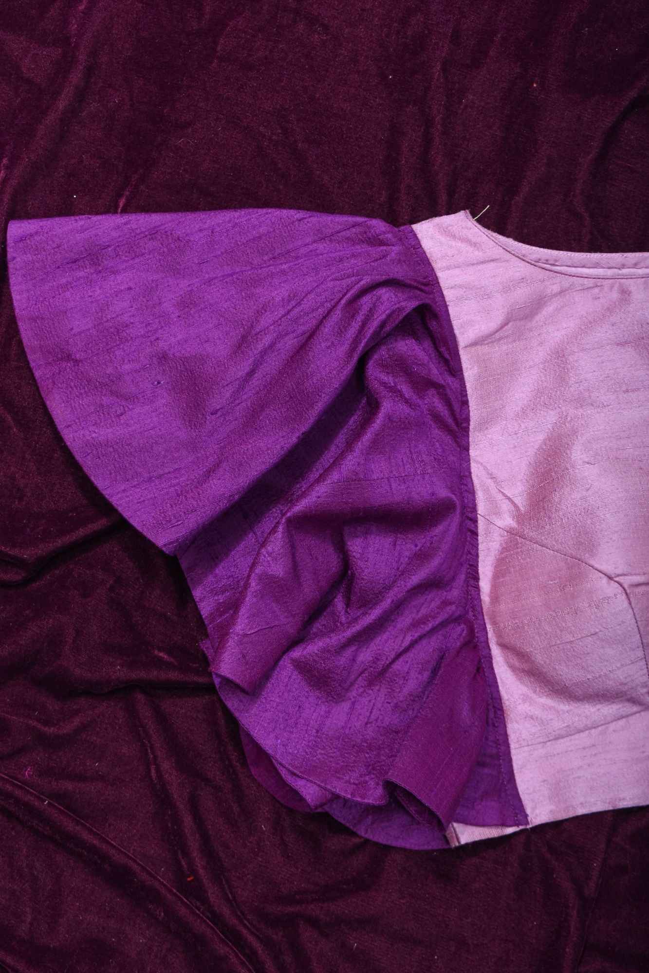 Two Color Pure Raw Sik One Side Ruffle Sleeve Blouse, Made to Order