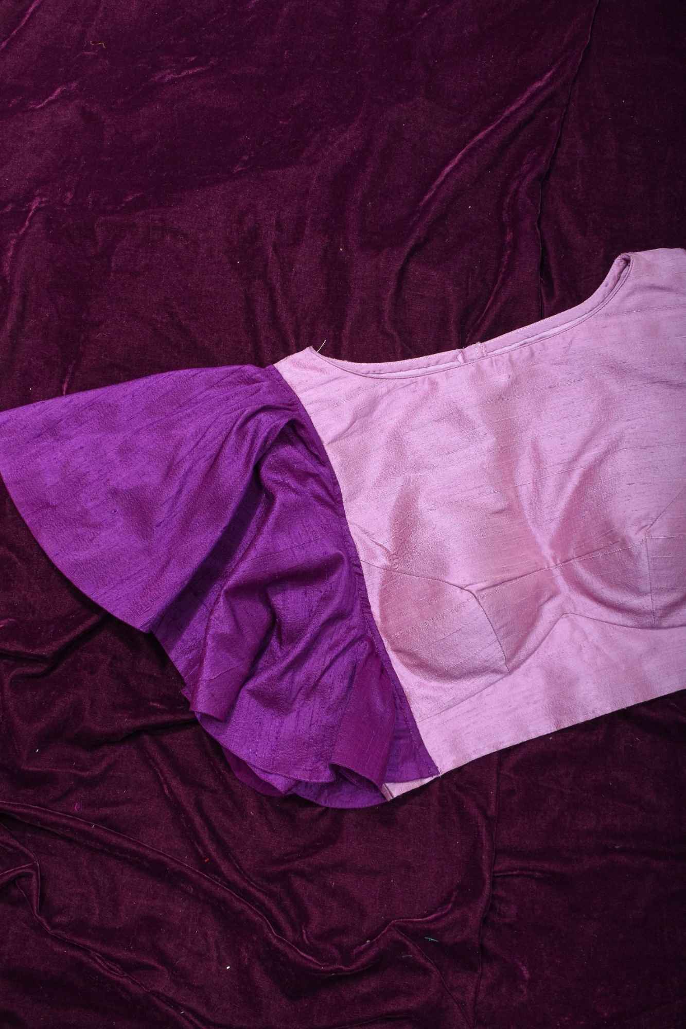 Two Color Pure Raw Sik One Side Ruffle Sleeve Blouse, Made to Order