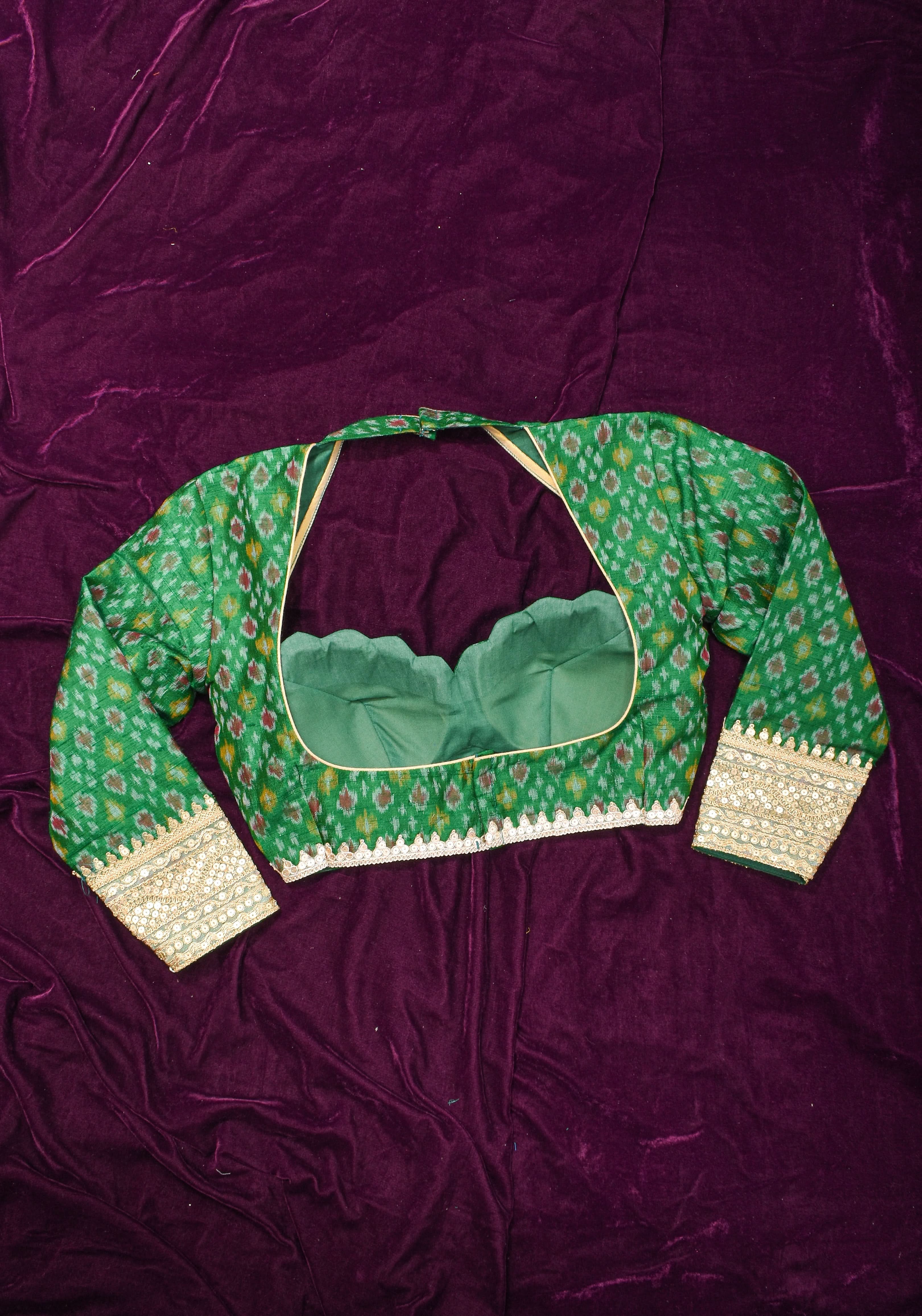 Made To Order: Emerald Green Pure Raw Silk Ikkat Weave Blouse with Scallop neck and long sleeve with gotta patti detailing | Shobitam