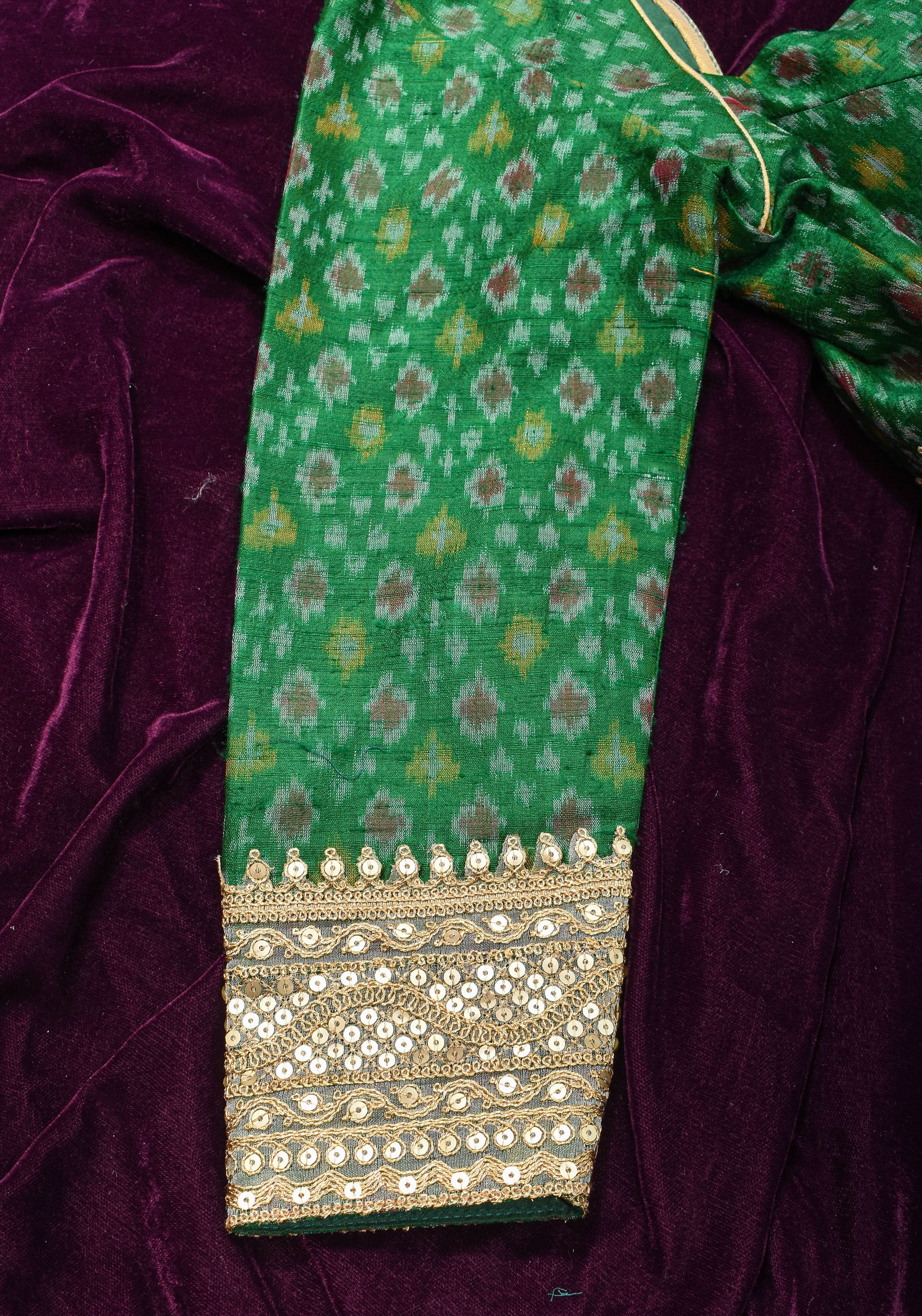 Made To Order: Emerald Green Pure Raw Silk Ikkat Weave Blouse with Scallop neck and long sleeve with gotta patti detailing | Shobitam