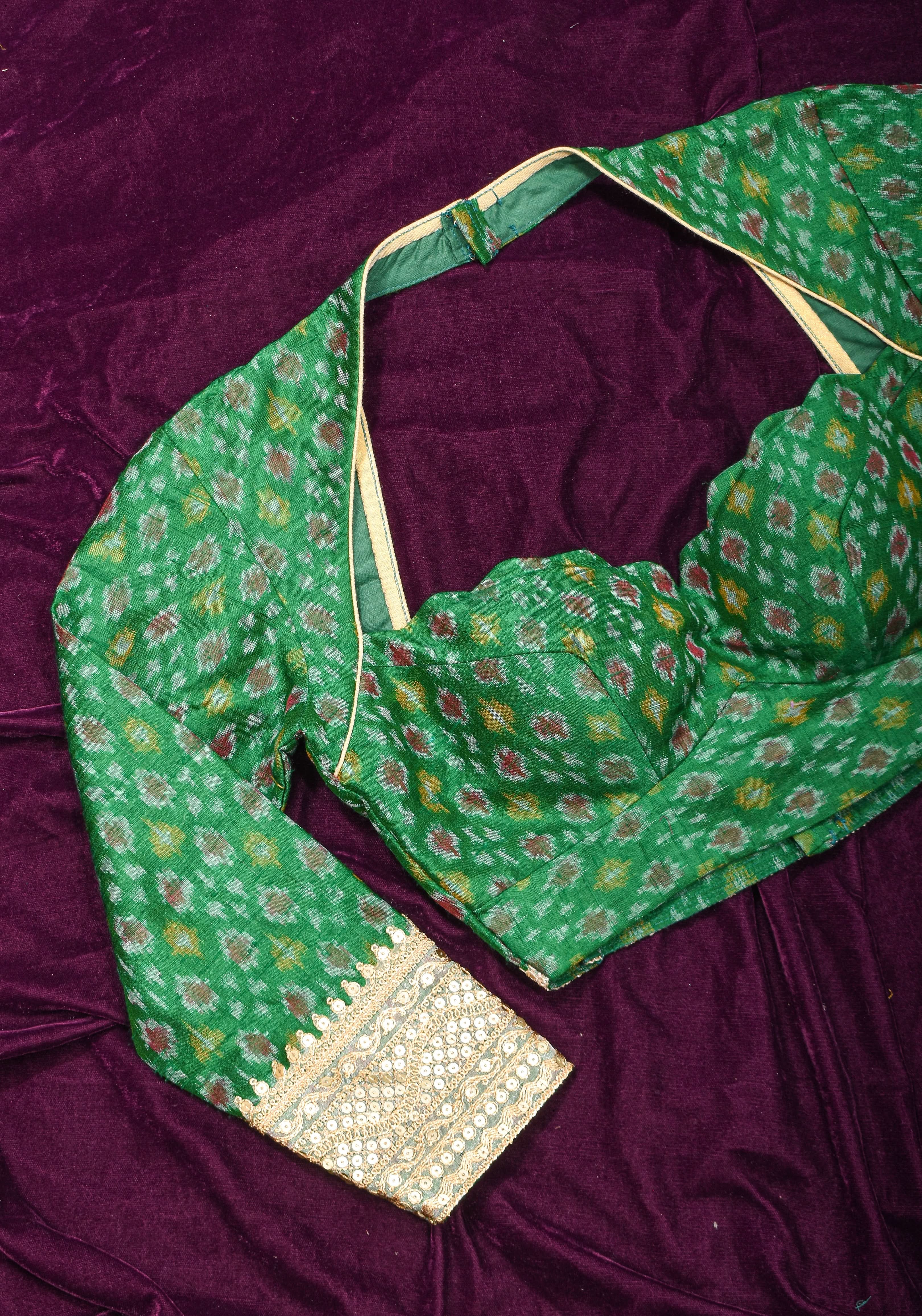 Made To Order: Emerald Green Pure Raw Silk Ikkat Weave Blouse with Scallop neck and long sleeve with gotta patti detailing | Shobitam
