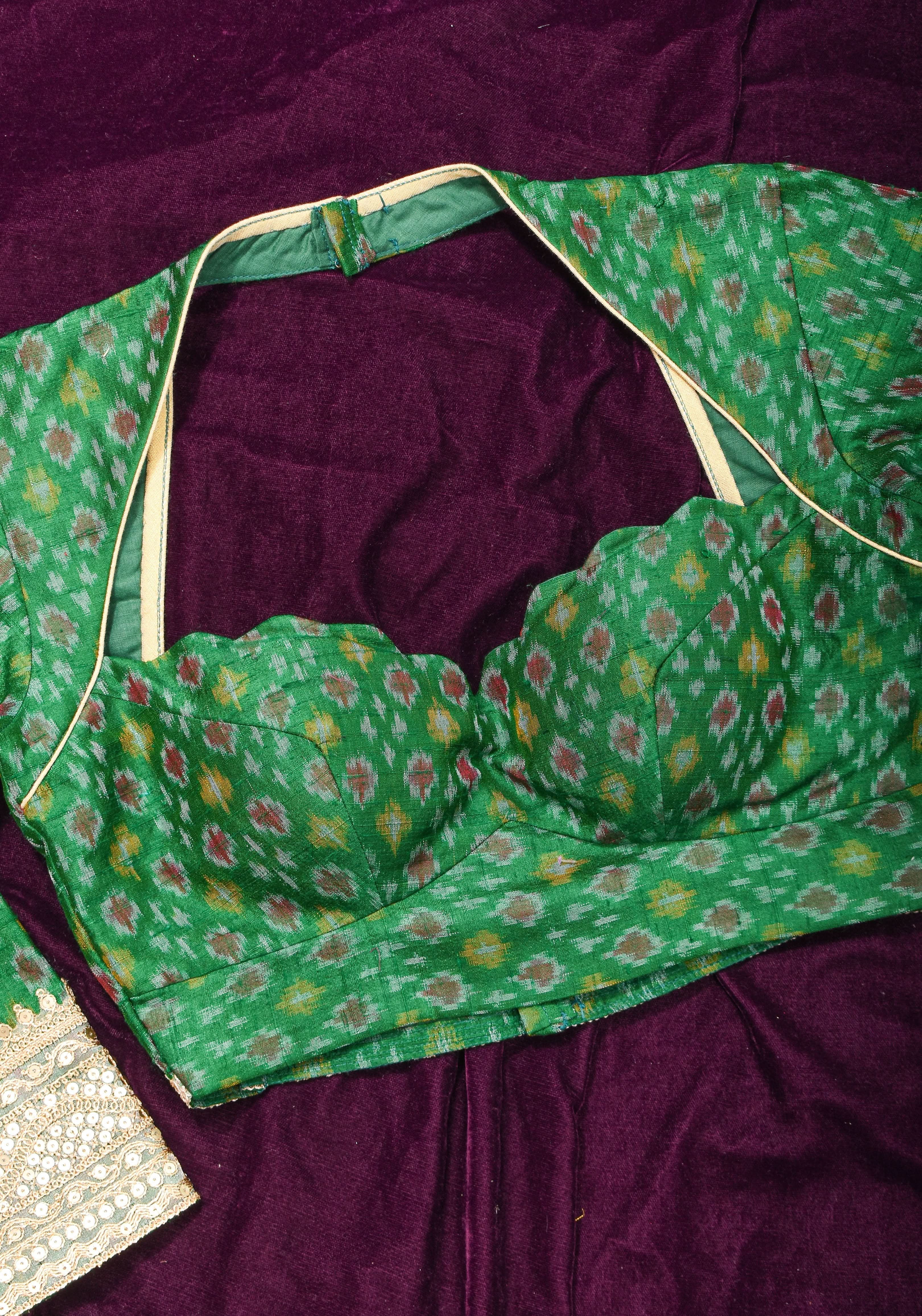 Made To Order: Emerald Green Pure Raw Silk Ikkat Weave Blouse with Scallop neck and long sleeve with gotta patti detailing | Shobitam