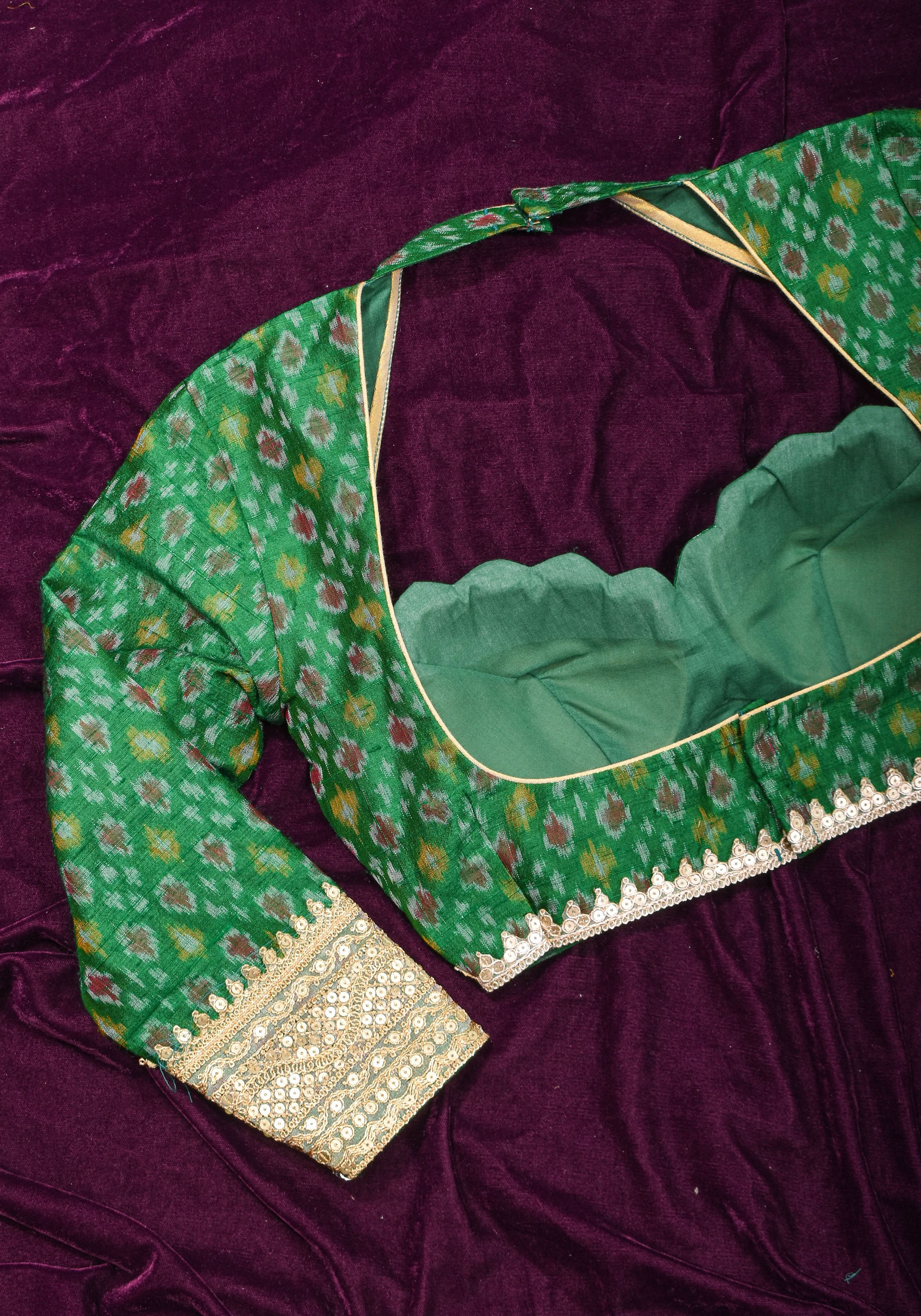 Made To Order: Emerald Green Pure Raw Silk Ikkat Weave Blouse with Scallop neck and long sleeve with gotta patti detailing | Shobitam