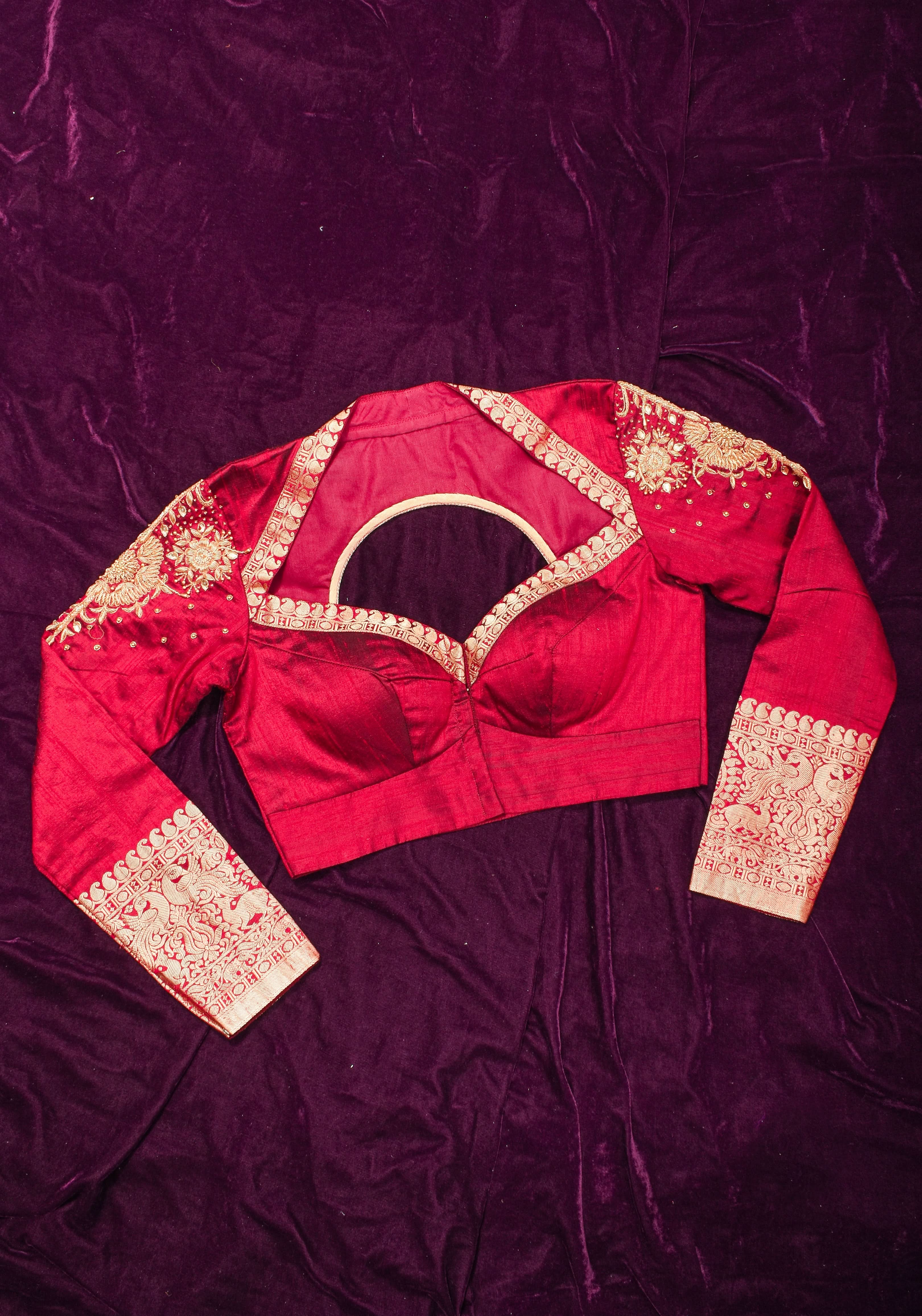 Maroon Pure raw silk blouse with  full sleeves and Heavy Zardozi work on upper sleeve and back, Made to Order | Shobitam