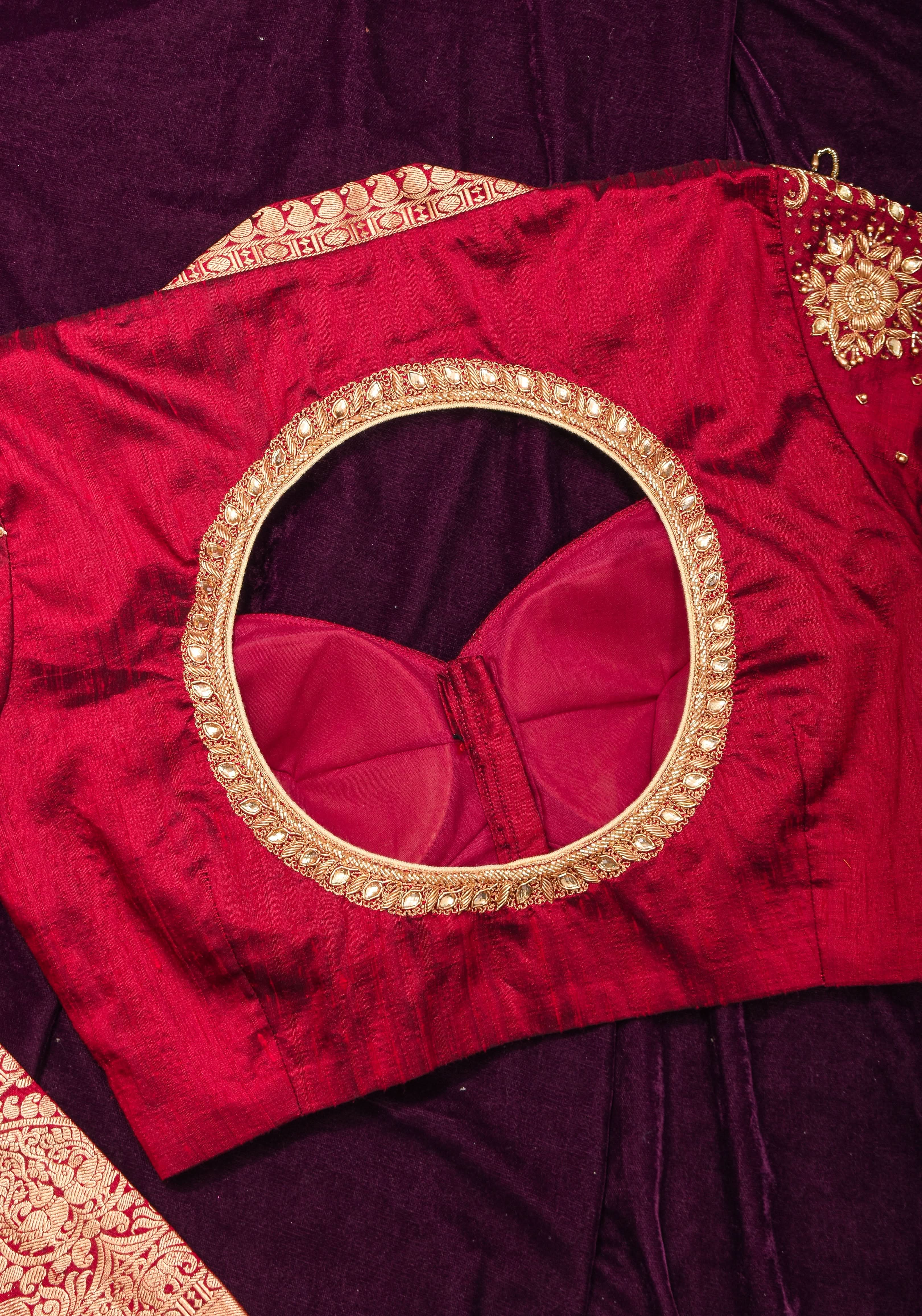 Maroon Pure raw silk blouse with  full sleeves and Heavy Zardozi work on upper sleeve and back, Made to Order | Shobitam