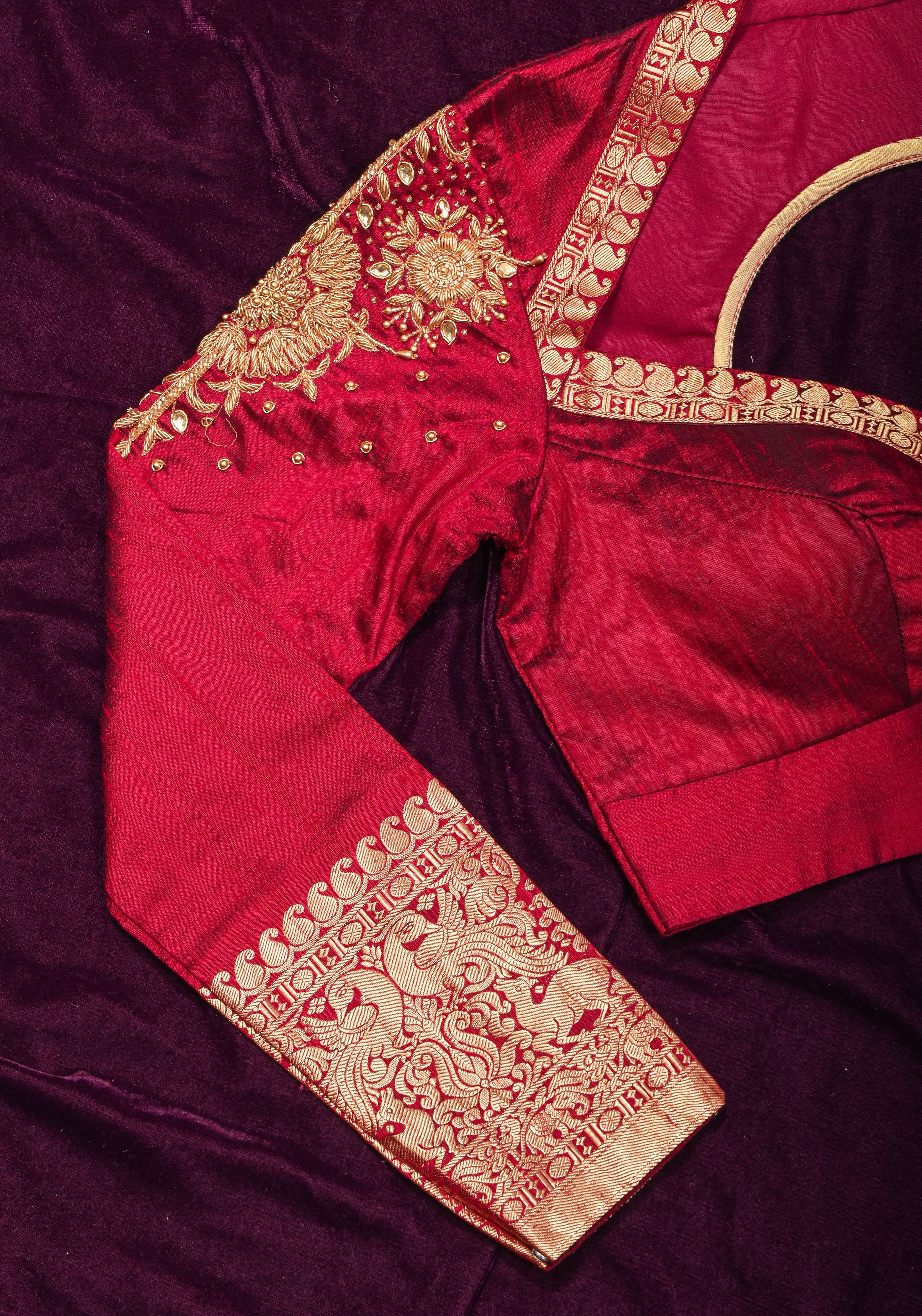 Maroon Pure raw silk blouse with  full sleeves and Heavy Zardozi work on upper sleeve and back, Made to Order | Shobitam
