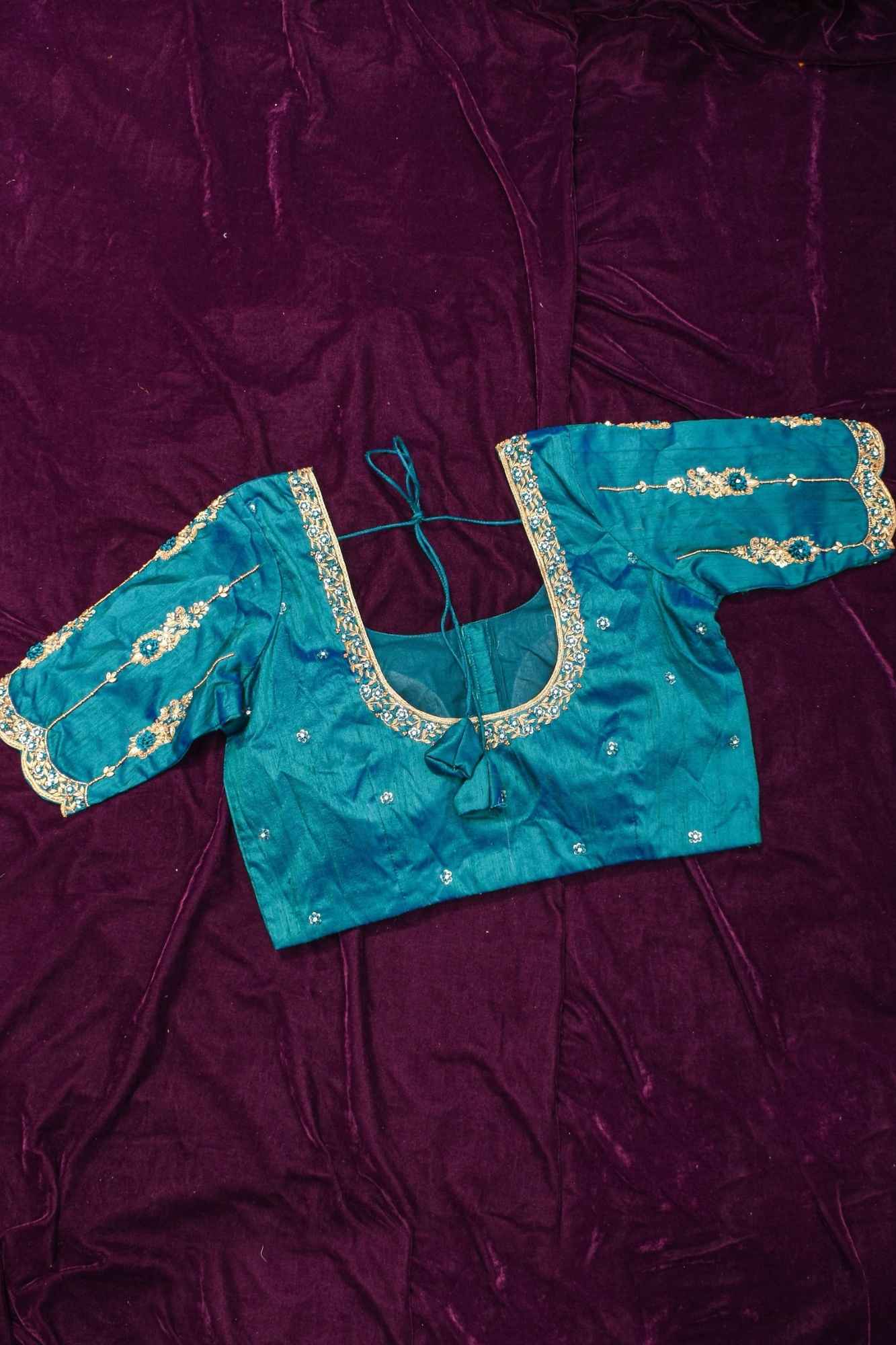 Made to Order: Peacock Blue Pure Raw Silk Blouse with Zardozi and Bead detailing