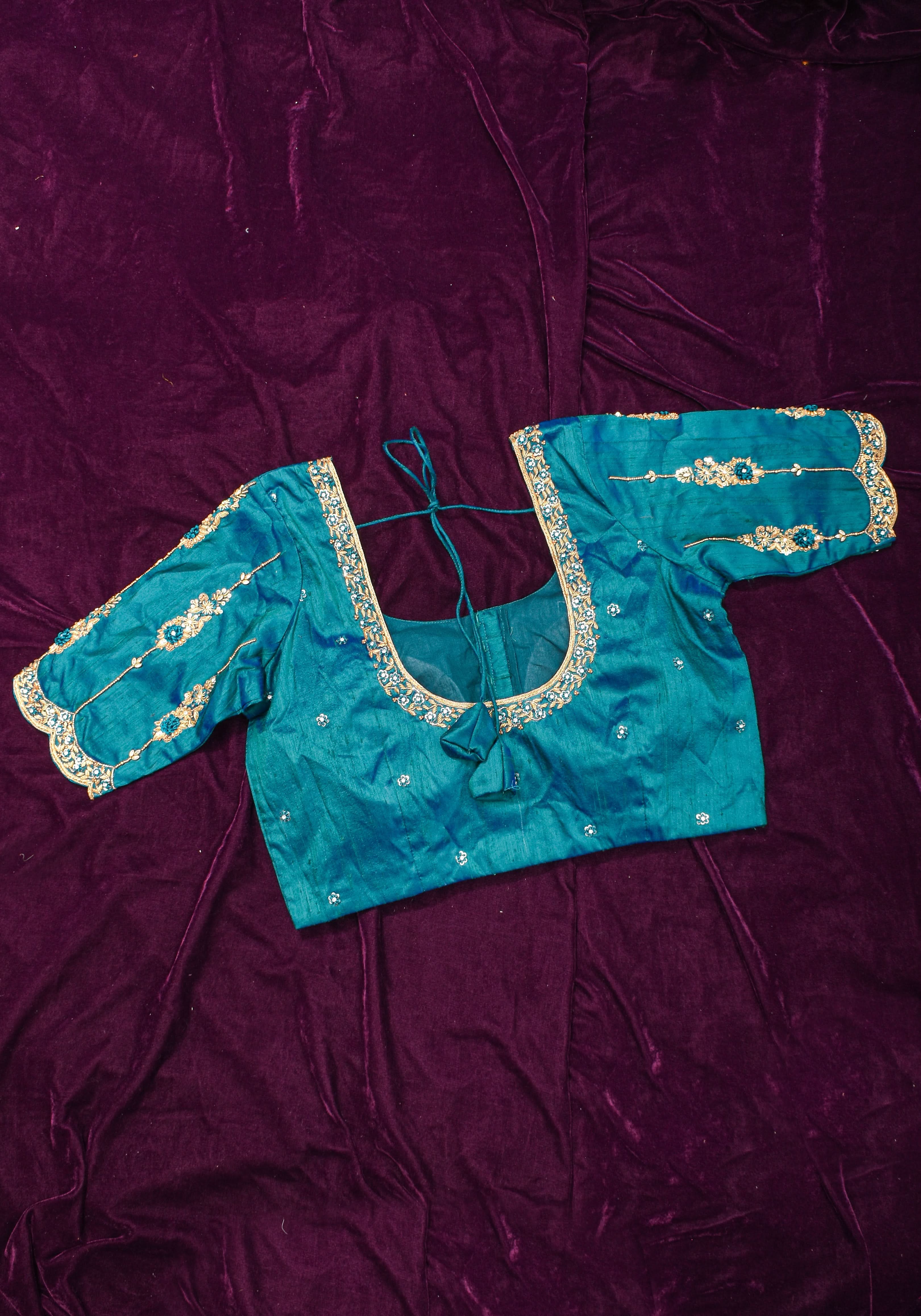 Made to Order: Peacock Blue Pure Raw Silk Blouse with Zardozi and Bead detailing | Shobitam