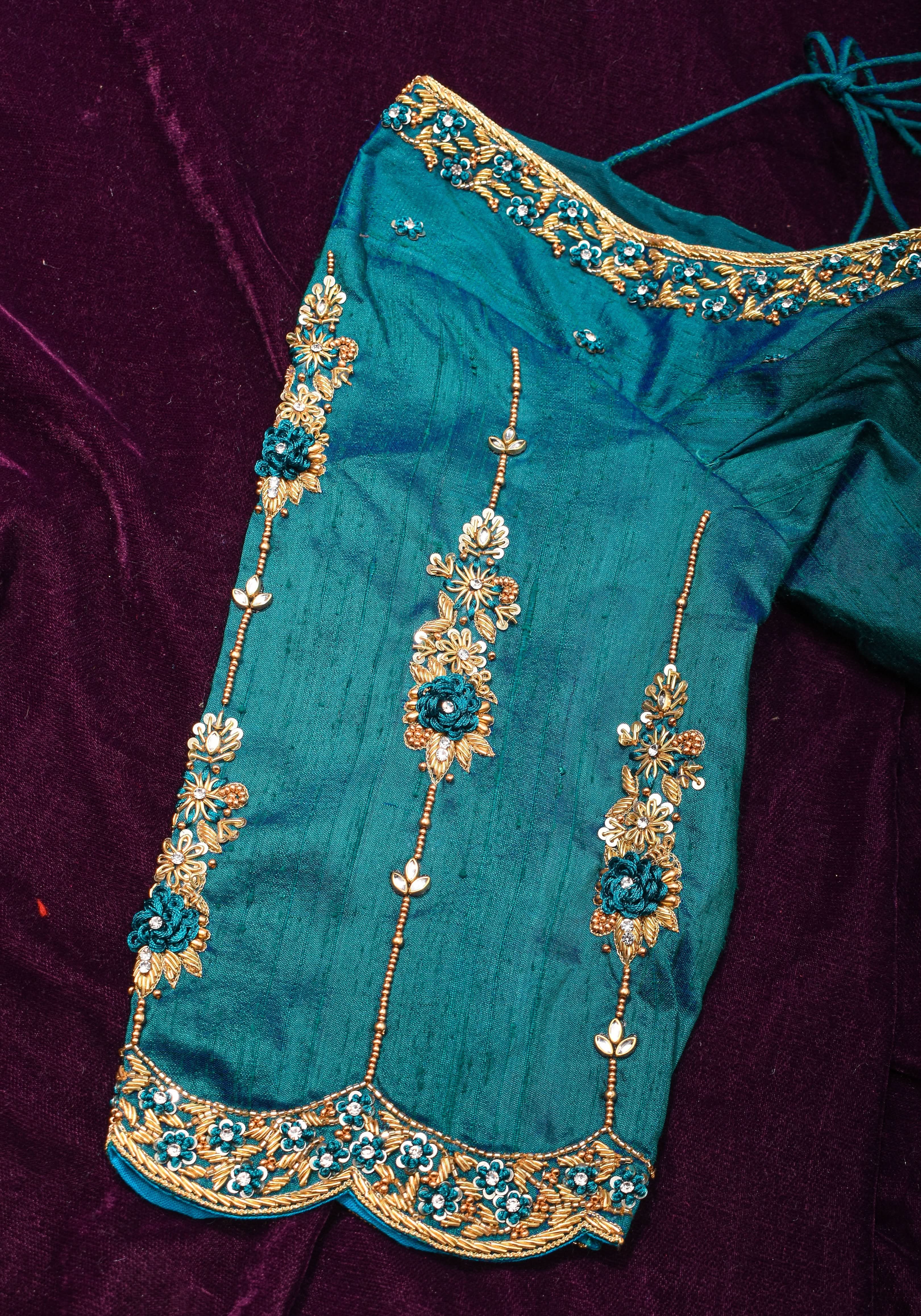 Made to Order: Peacock Blue Pure Raw Silk Blouse with Zardozi and Bead detailing | Shobitam