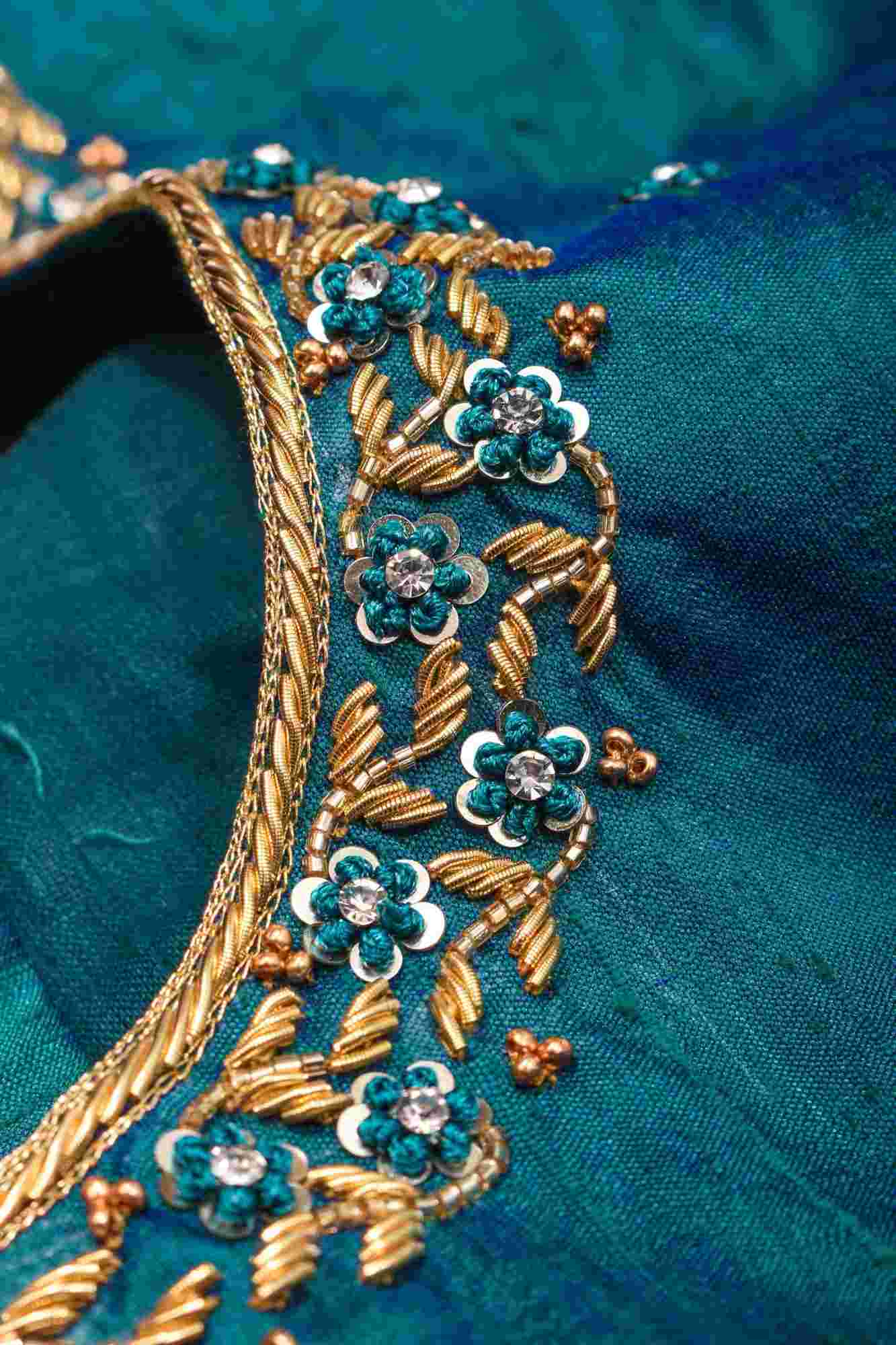 Made to Order: Peacock Blue Pure Raw Silk Blouse with Zardozi and Bead detailing