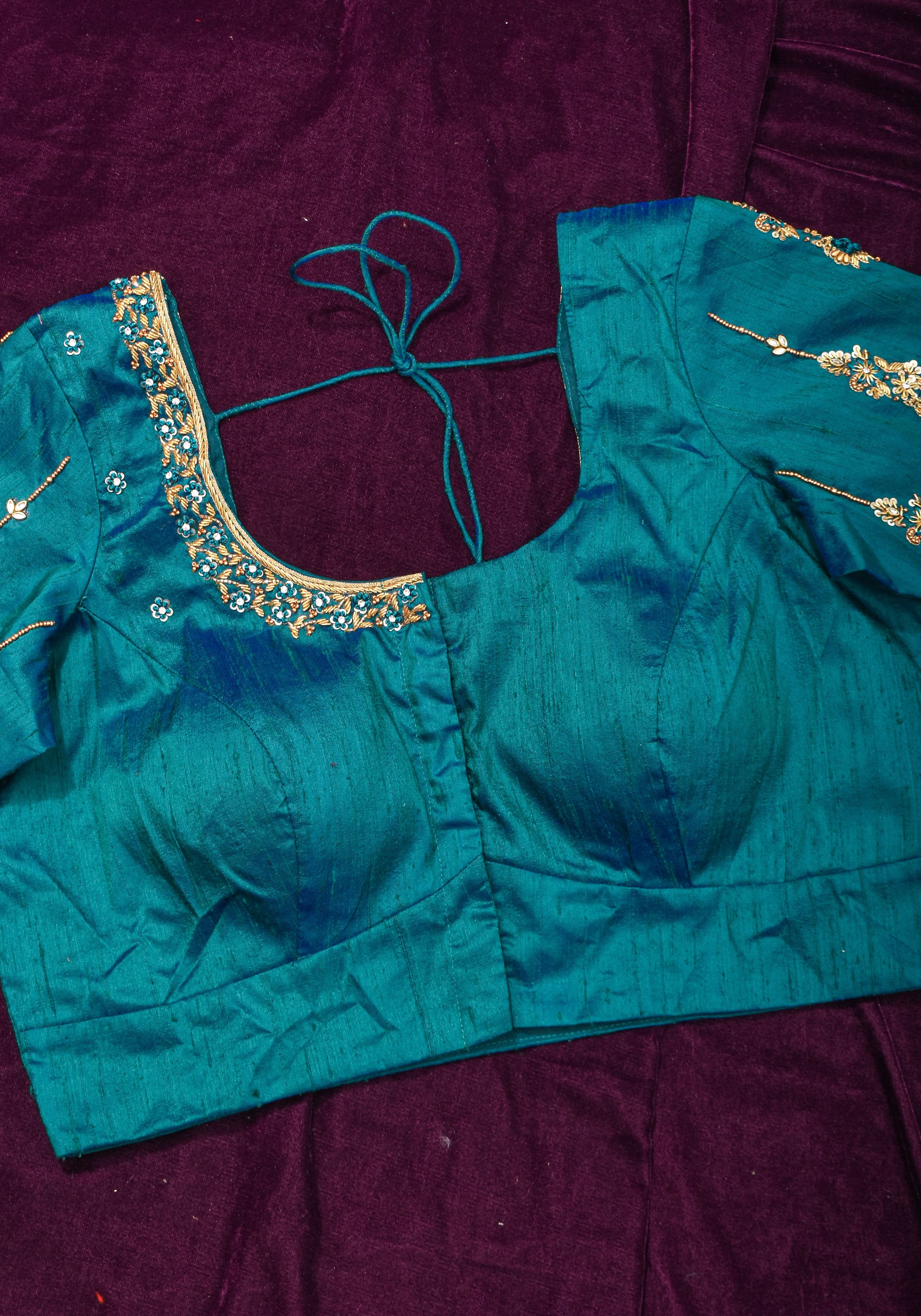 Made to Order: Peacock Blue Pure Raw Silk Blouse with Zardozi and Bead detailing | Shobitam