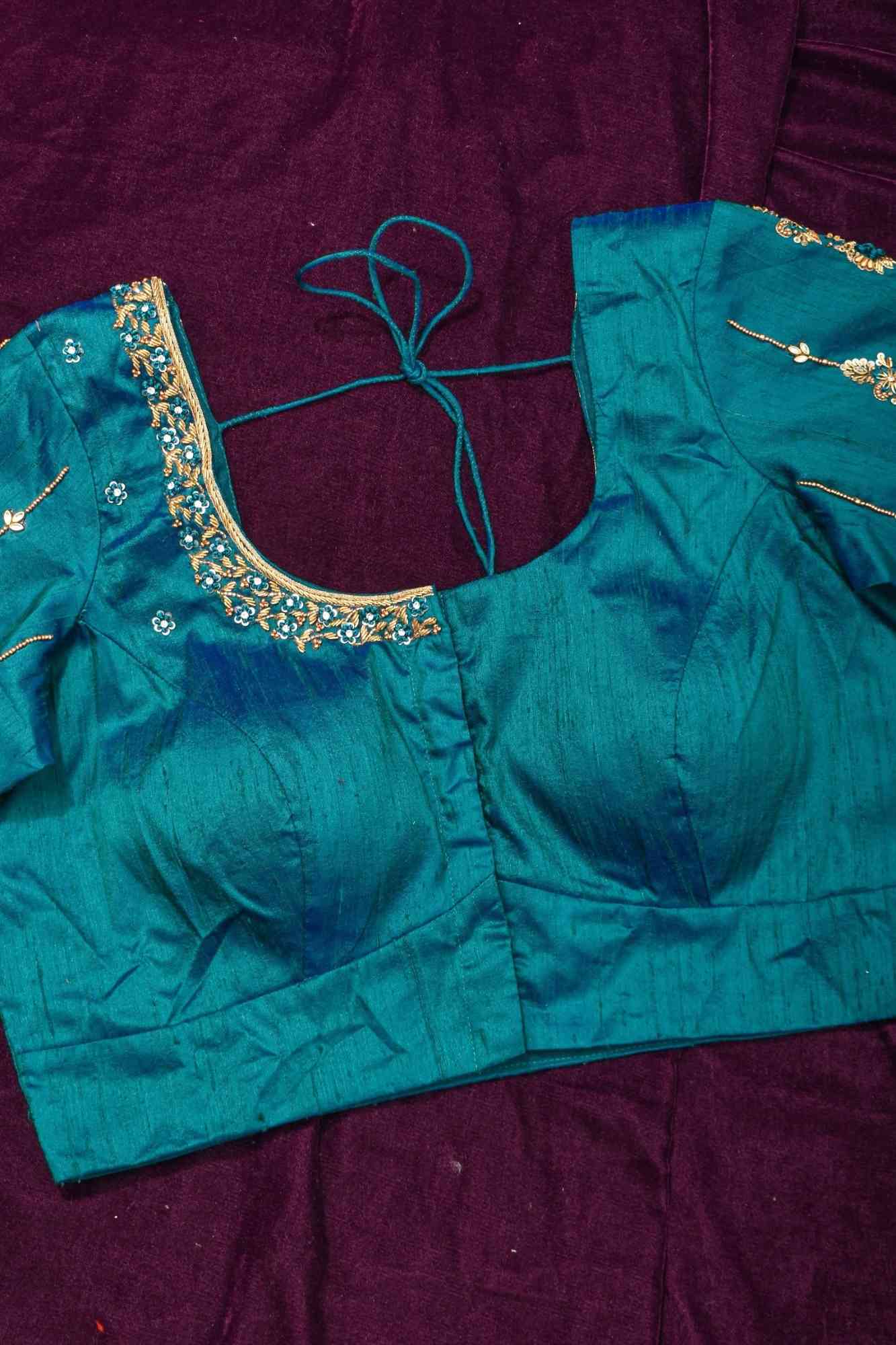Made to Order: Peacock Blue Pure Raw Silk Blouse with Zardozi and Bead detailing